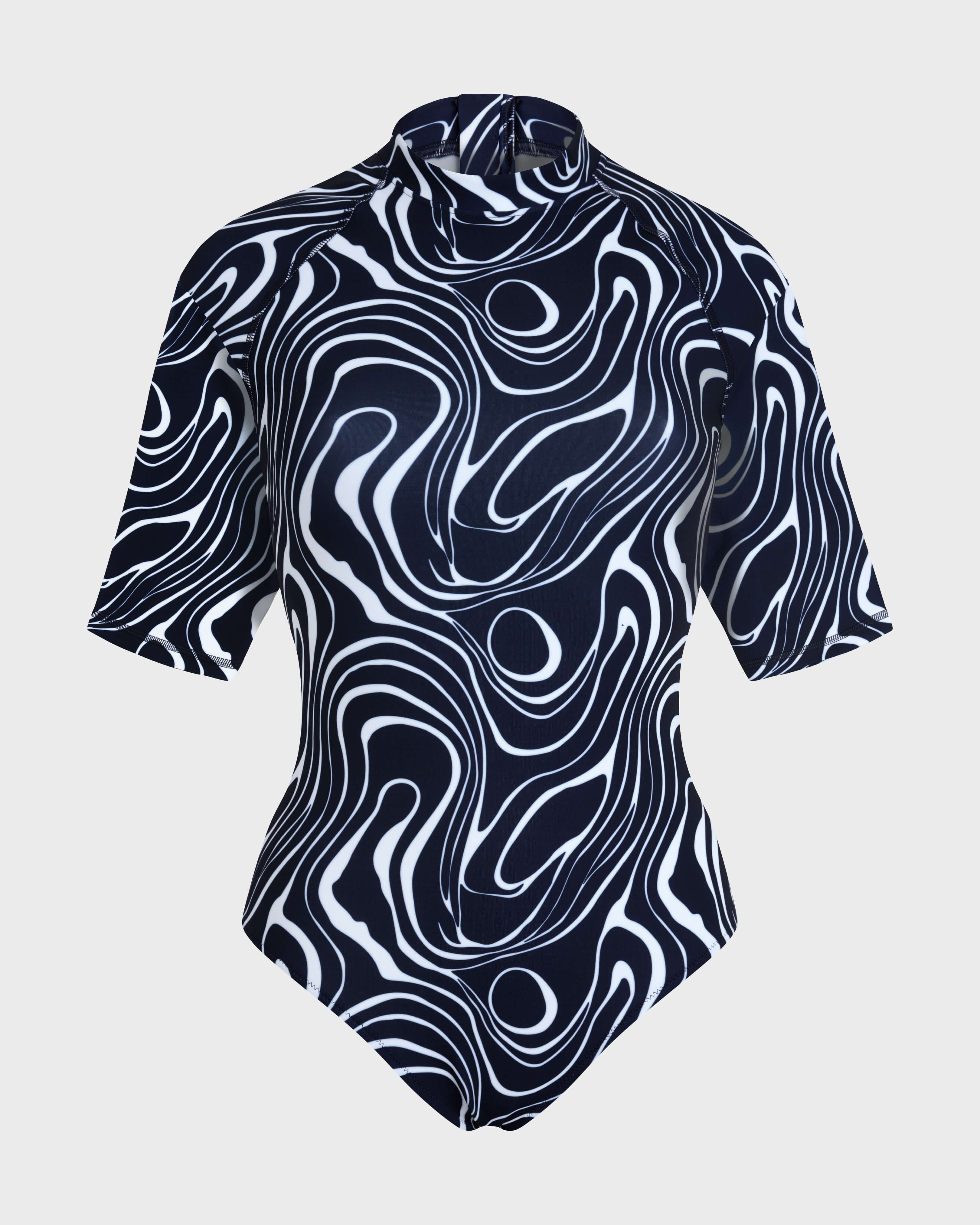 Maillot de bain une pièce Anti-UV manches courtes femme Waves BLEU MARINE front view