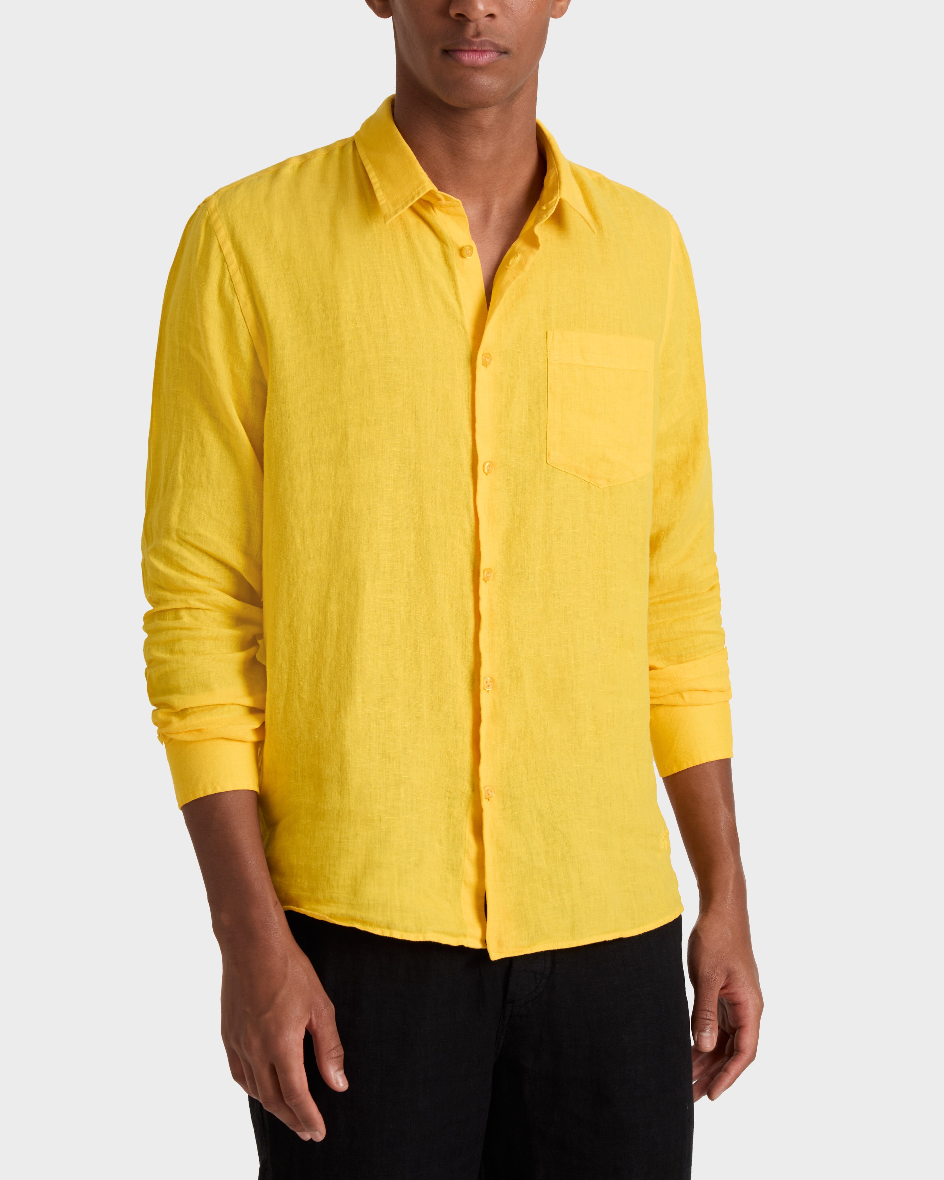 Men Linen Shirt Solid CORN frontworn view