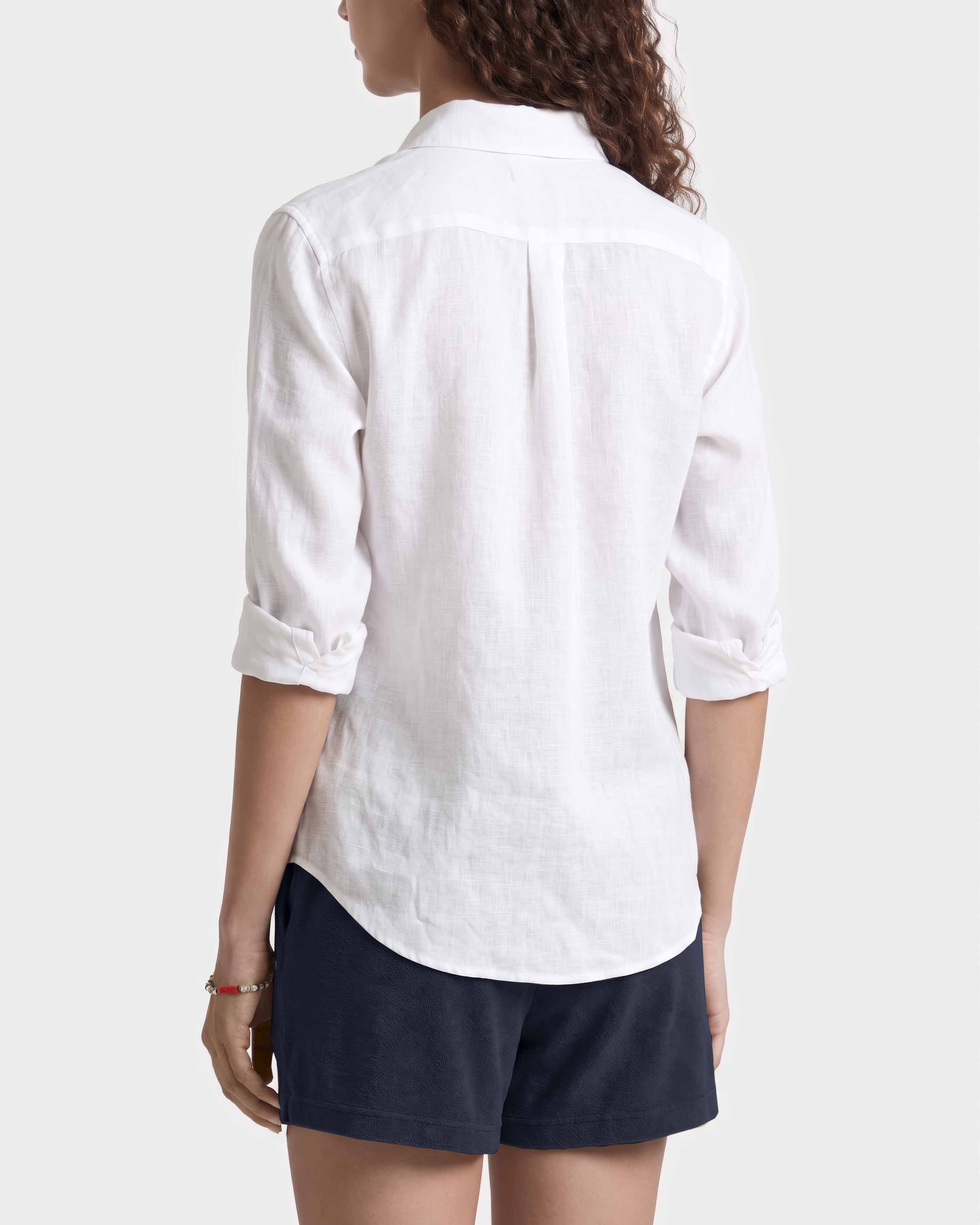 Women Long Sleeves Linen Shirt Solid WHITE backworn view