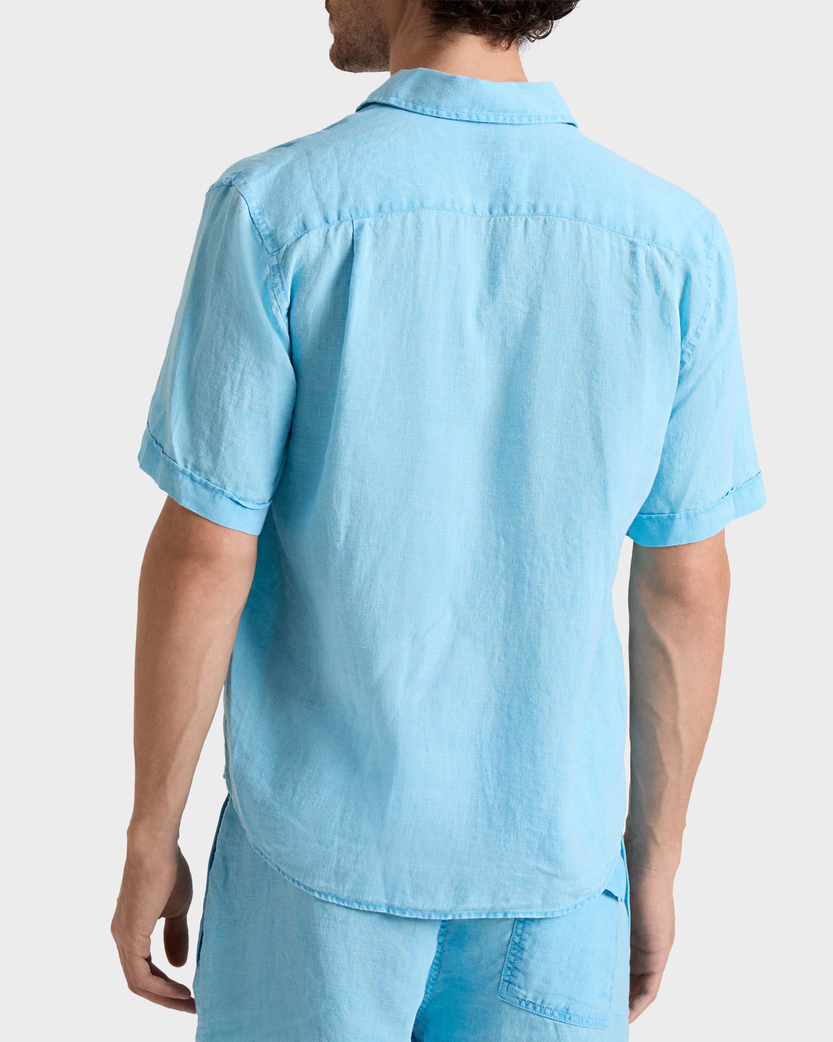 Men Mineral Dye Linen Bowling Shirt LARIMAR backworn view
