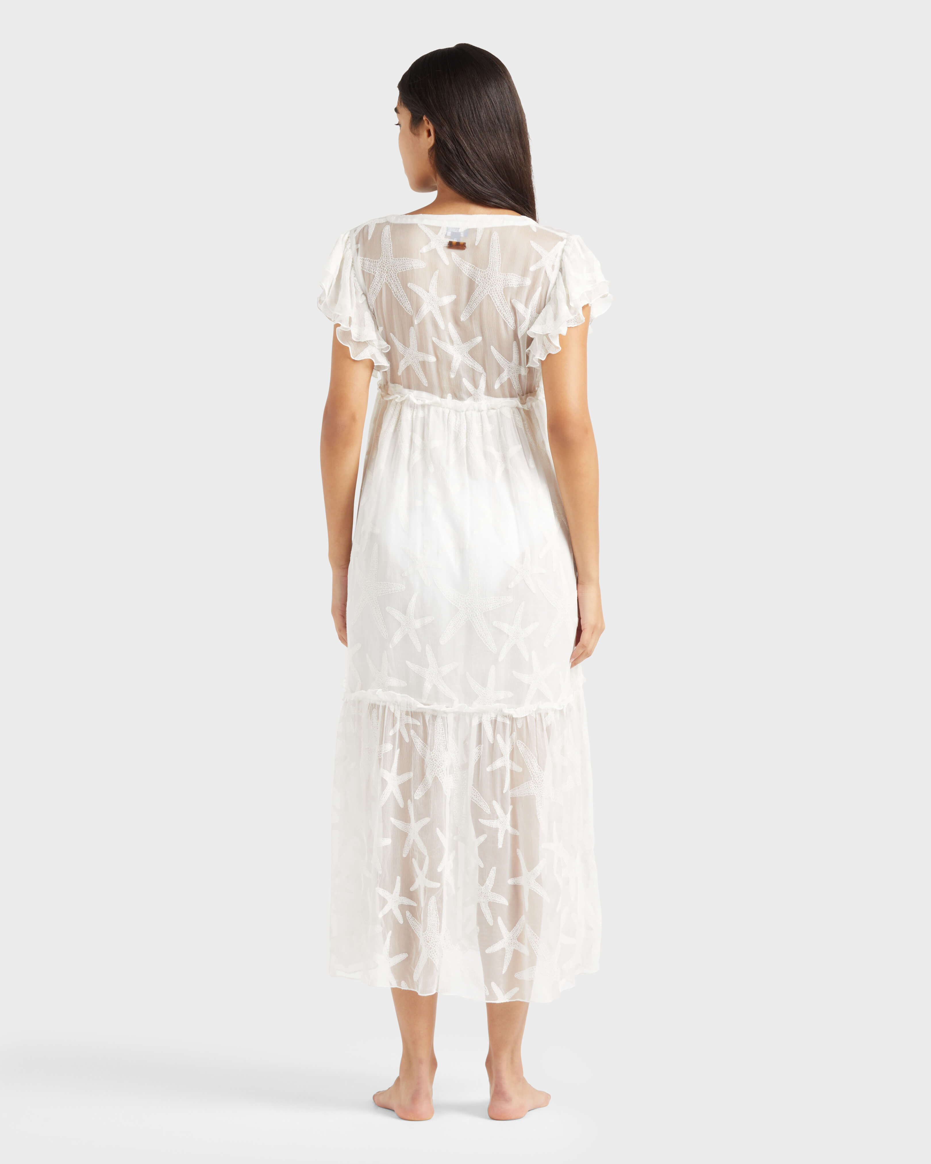 Vestido largo de seda transparente con estampado Starfish para mujer OFF WHITE backworn view