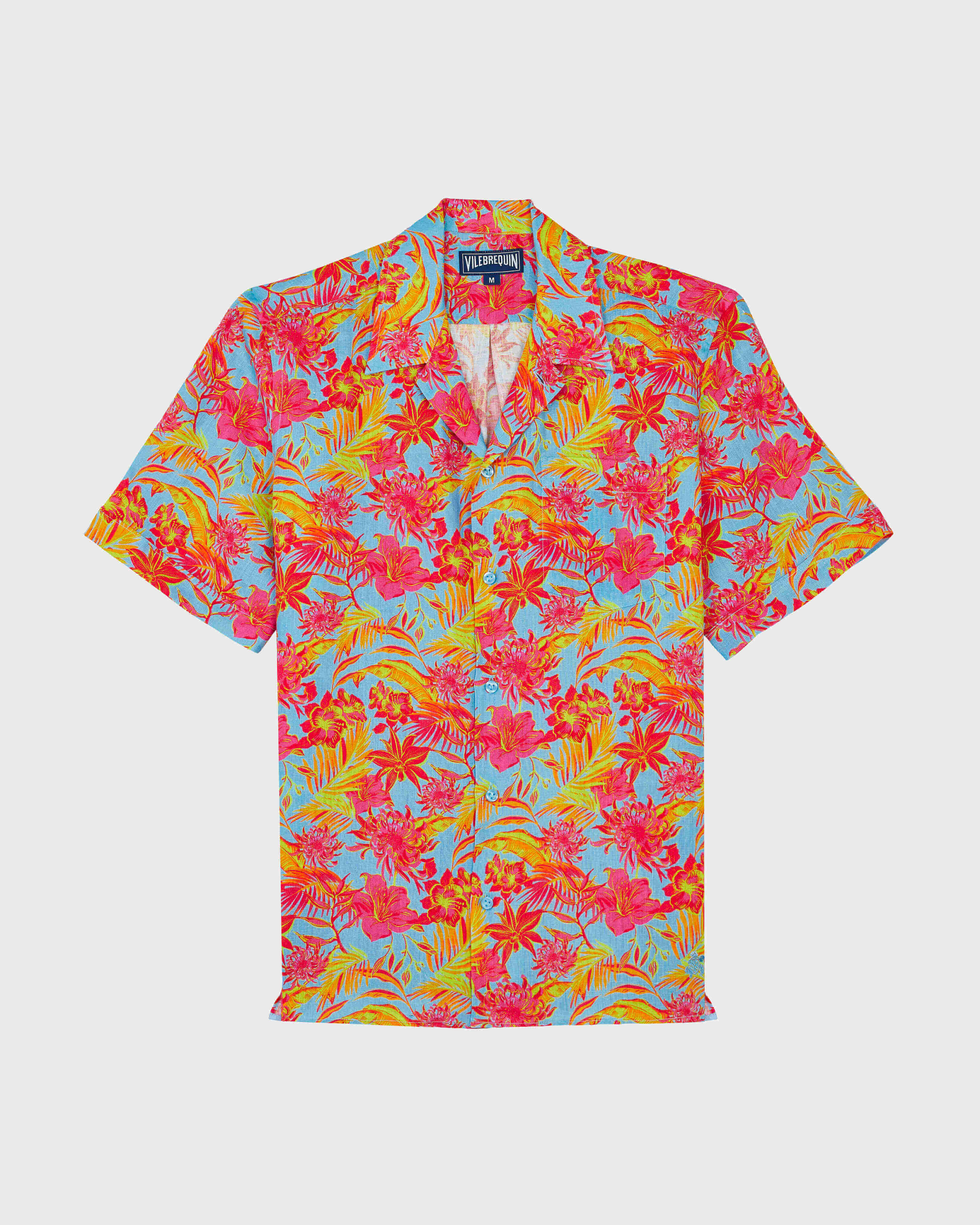 Men Bowling Linen Shirt Tahiti Flowers SANTORINI front view