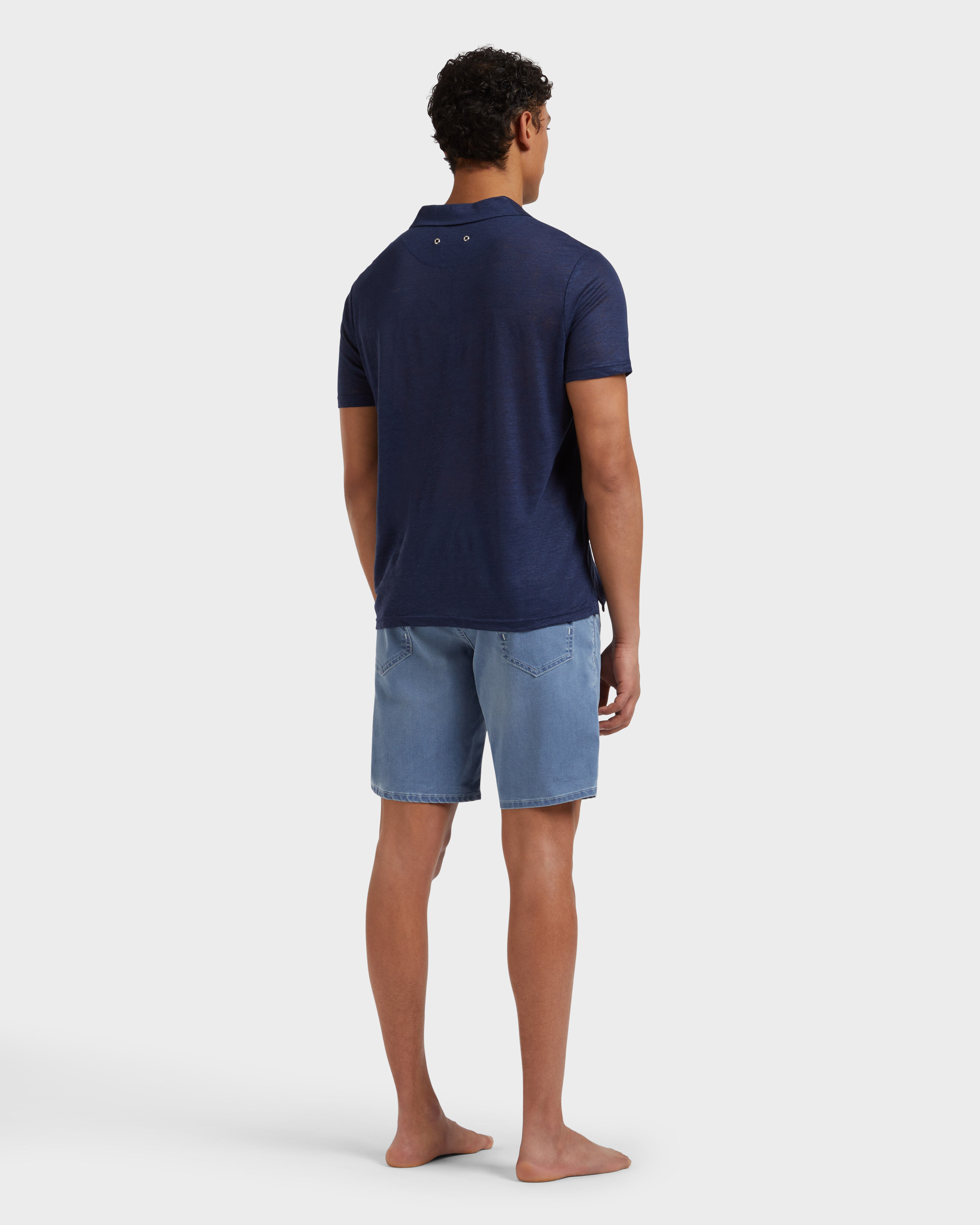 Men Linen Jersey Polo Shirt Solid NAVY backworn view