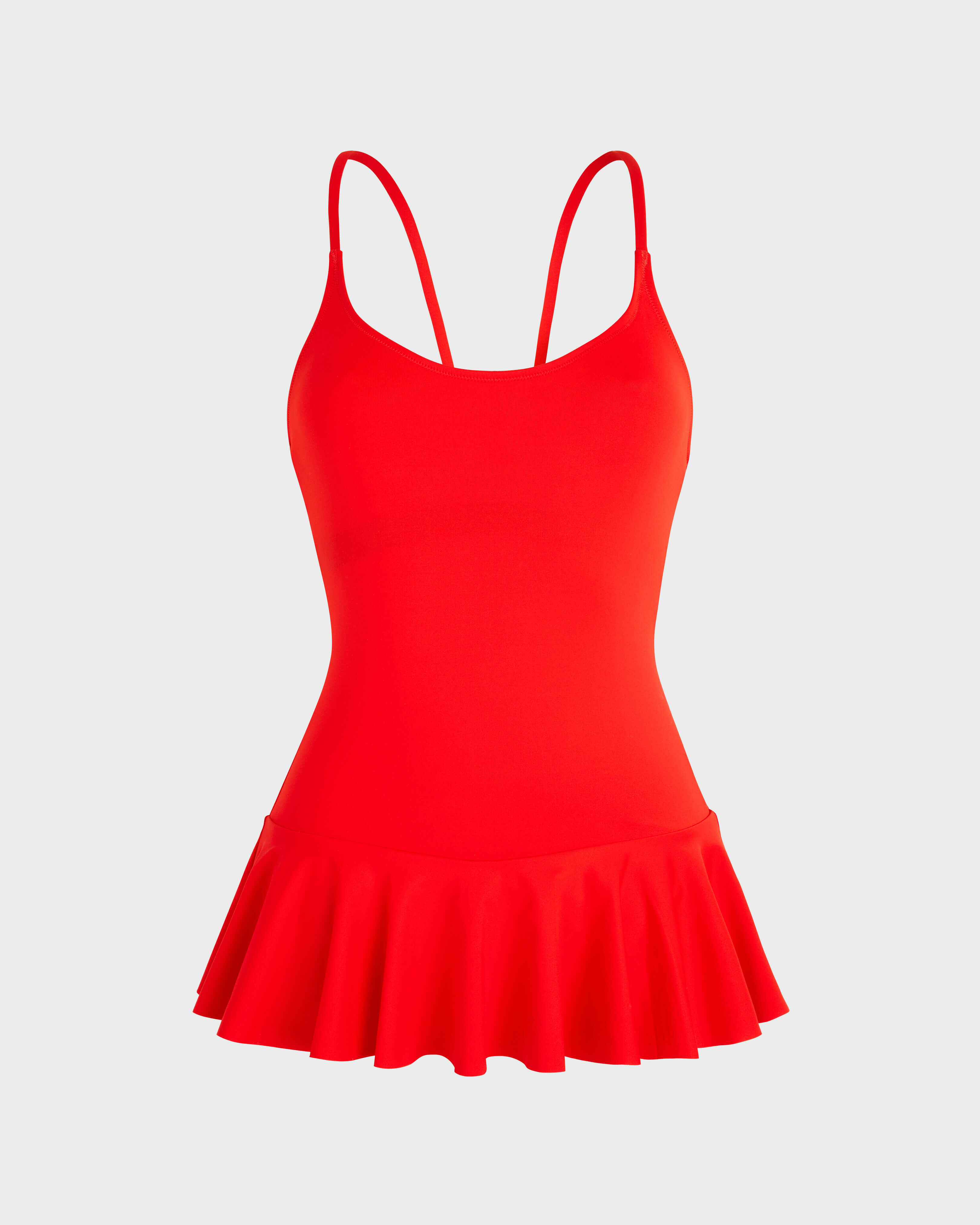 Women Skirt One-piece Swimsuit Solid POPPY RED front view