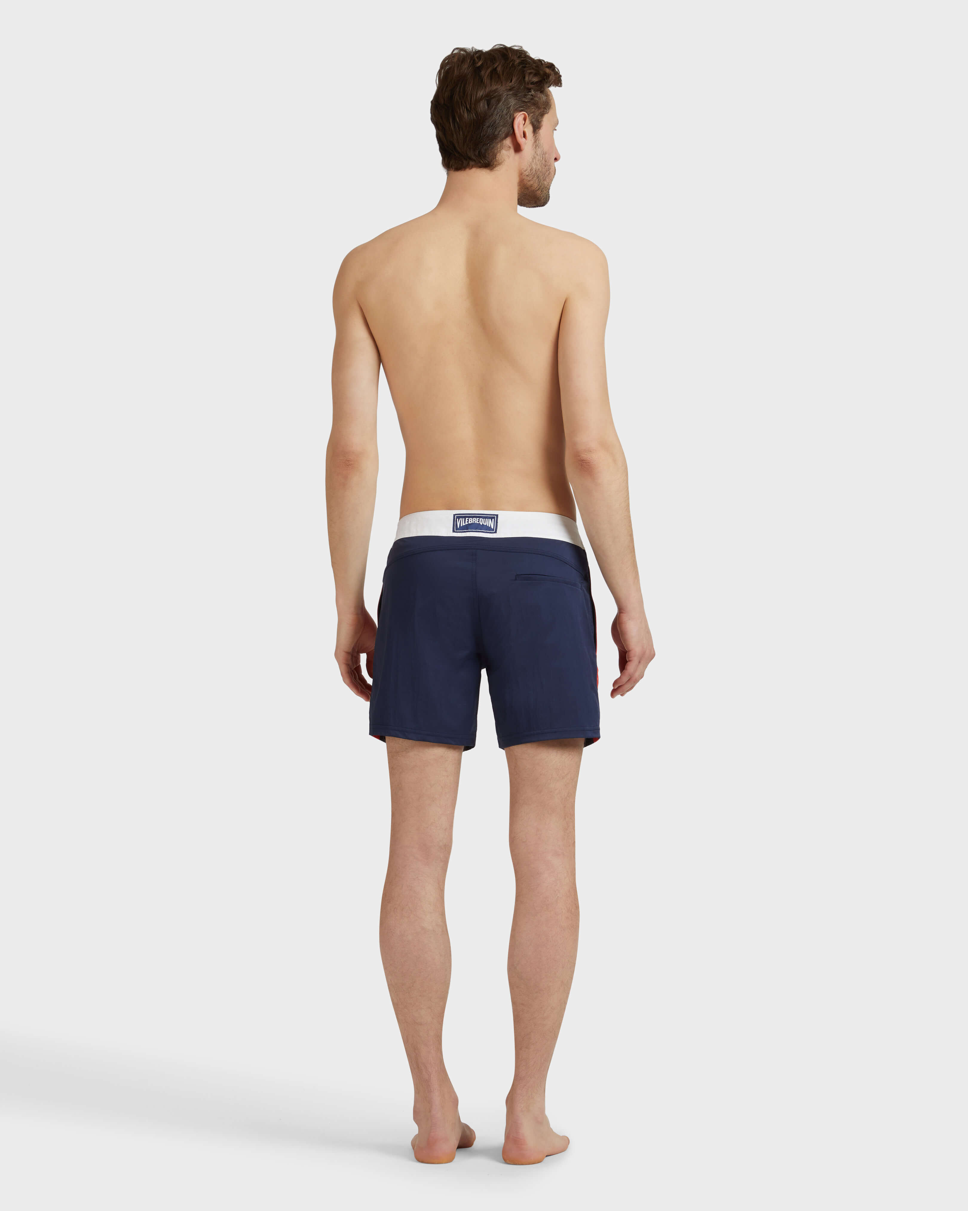Men Stretch Swim Trunks Flat Belt Color Block NAVY backworn view