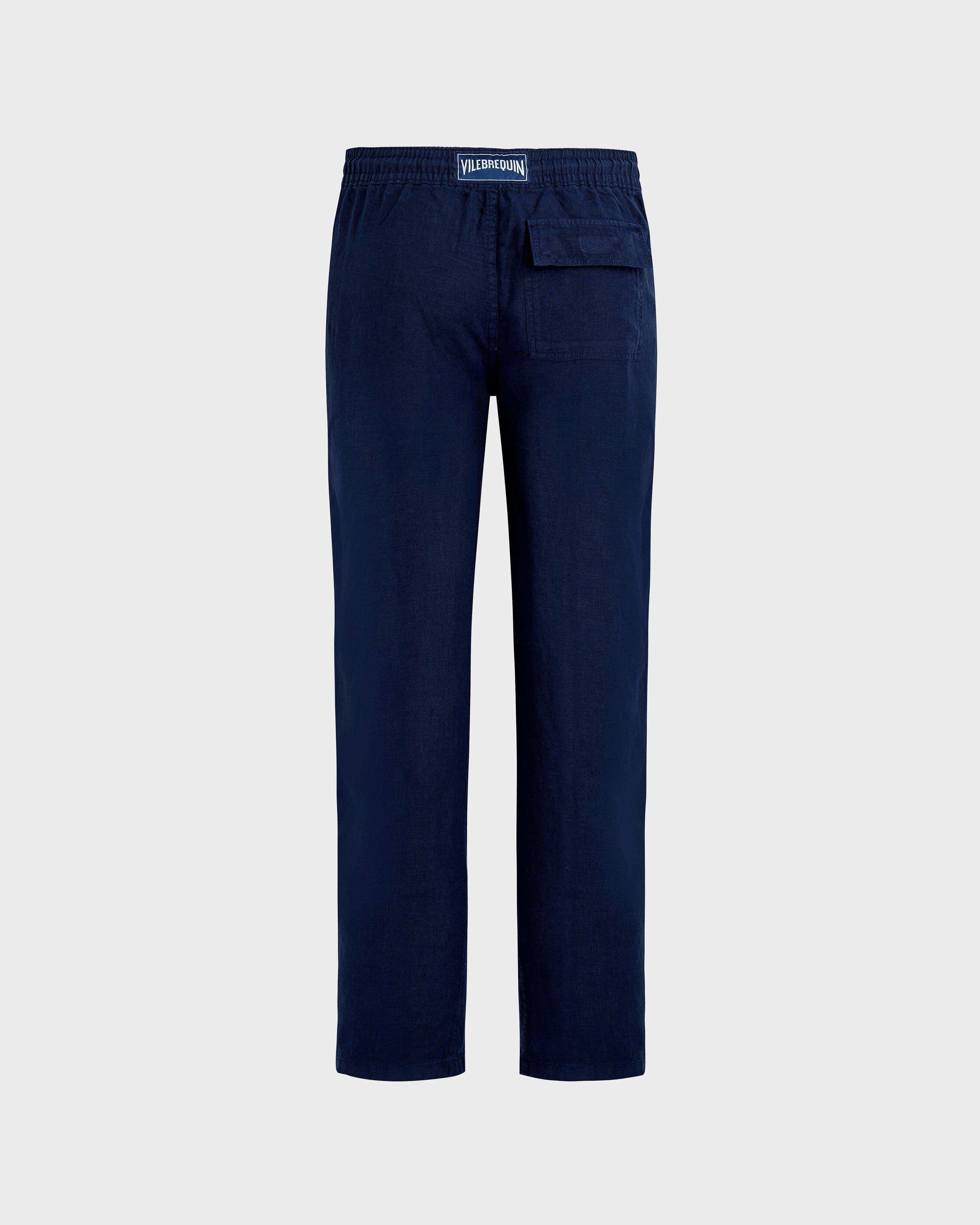 Men Linen Pants Regular Fit Solid NAVY back view