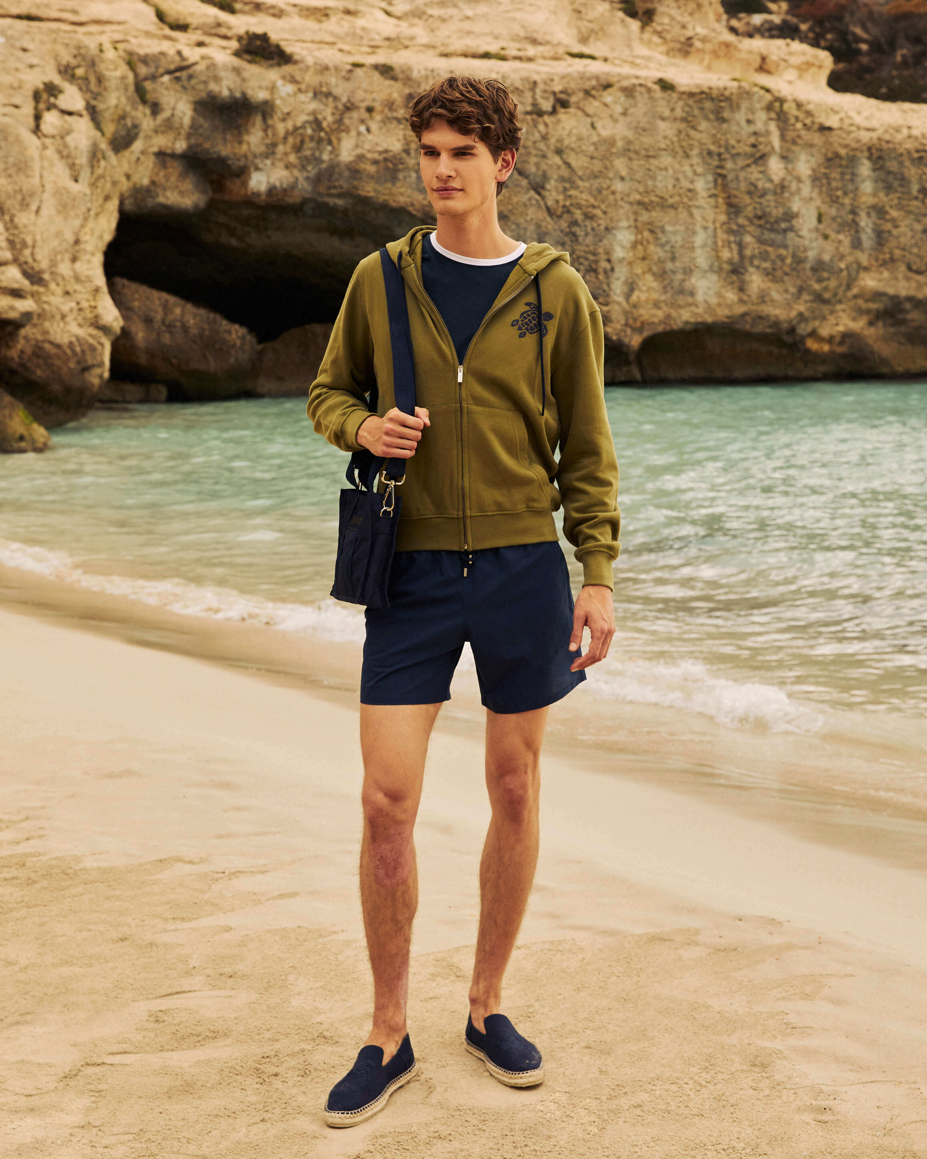 Sweat en coton à fermeture éclair homme Tortue brodée KAKI look1 view