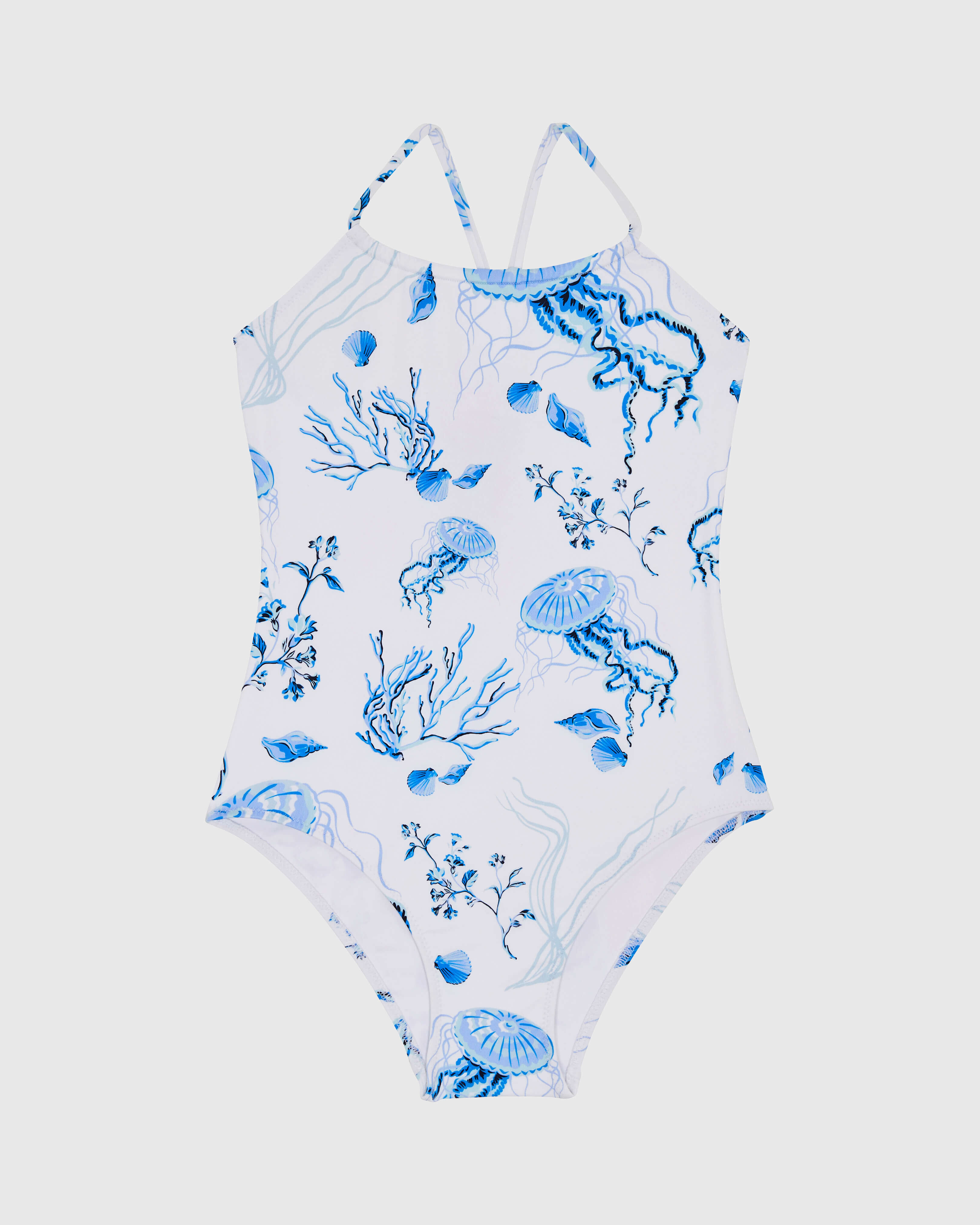 Girls One-piece Swimsuit Medusa and Shells WHITE front view