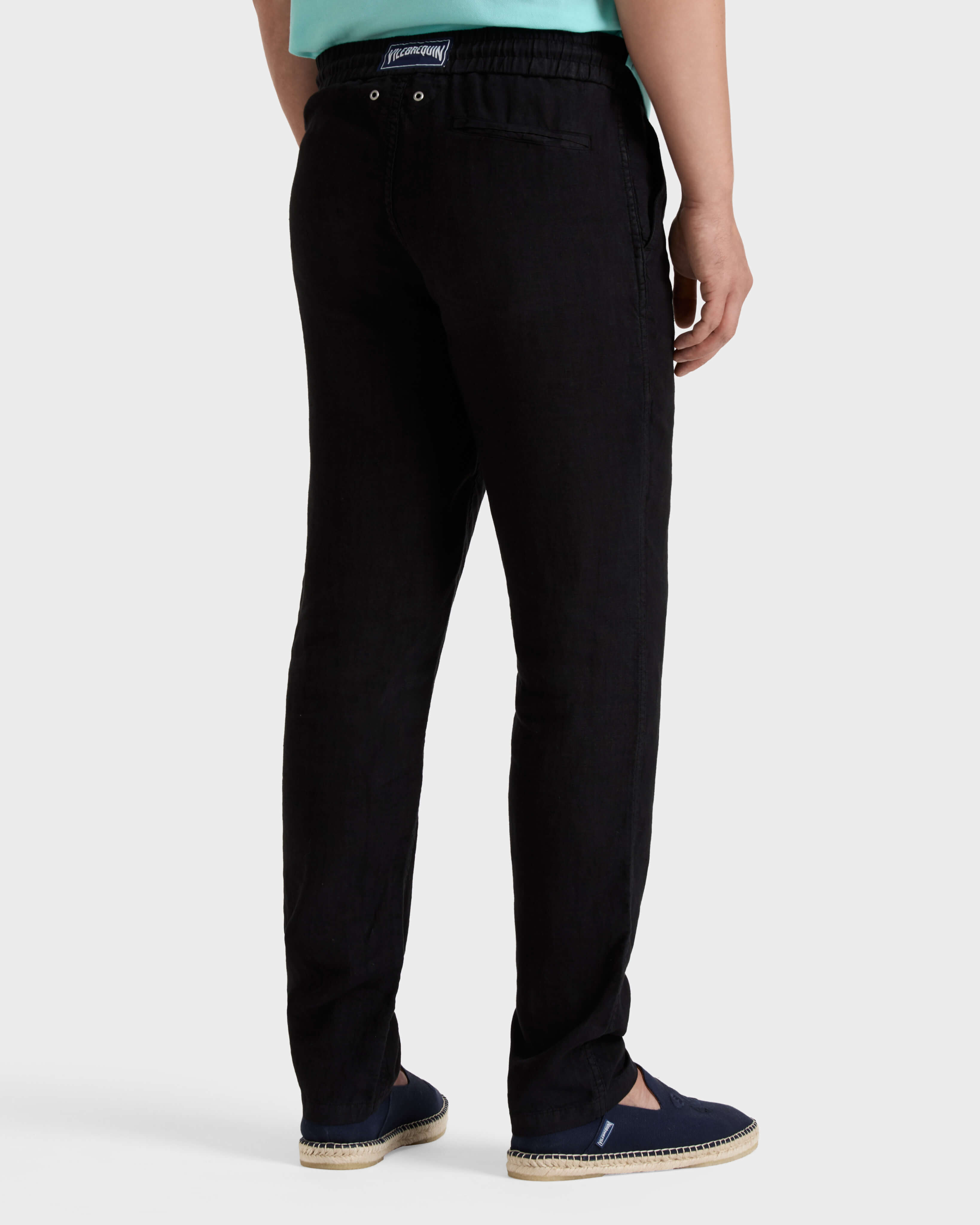 Solid gerade geschnittene Leinenhose für Herren SCHWARZ backworn view