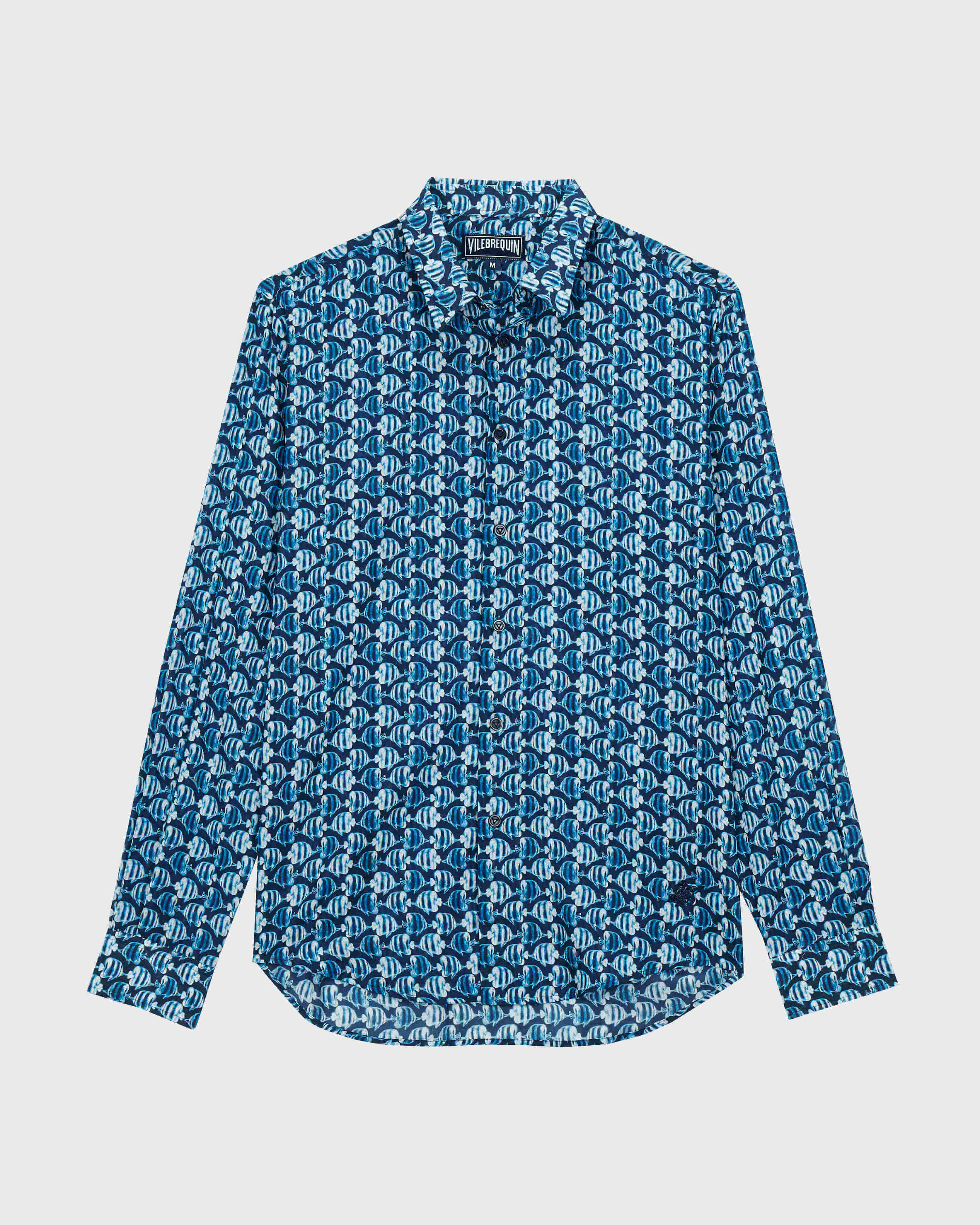 Chemise légère unisexe en voile de coton Batik Fishes BLEU MARINE front view