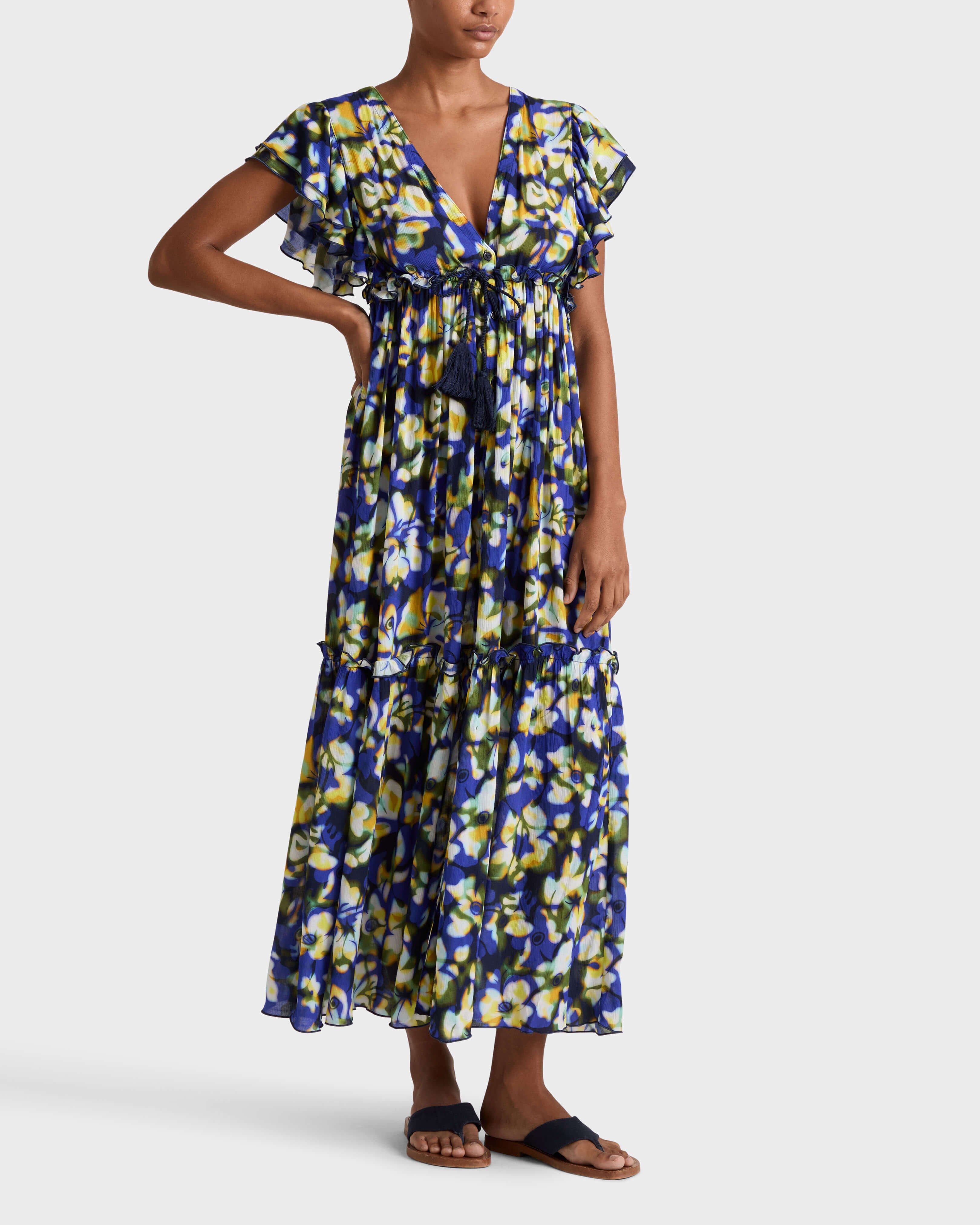 Women Viscose Long Dress Frangipanier Trouble NAVY frontworn view