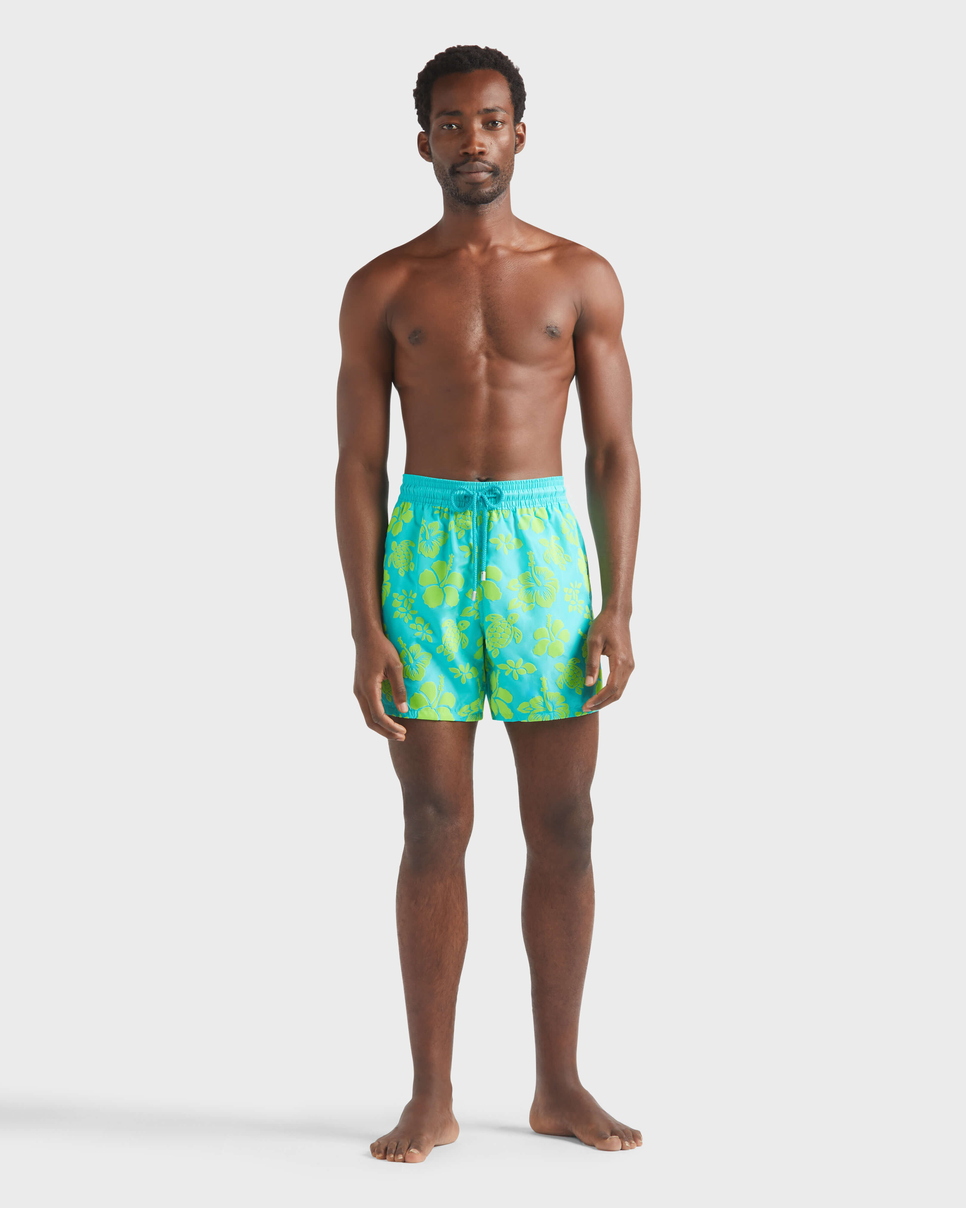 Men Ultra-light and packable Flocked Swim Shorts Tropical Turtle DISCO GREEN frontworn view