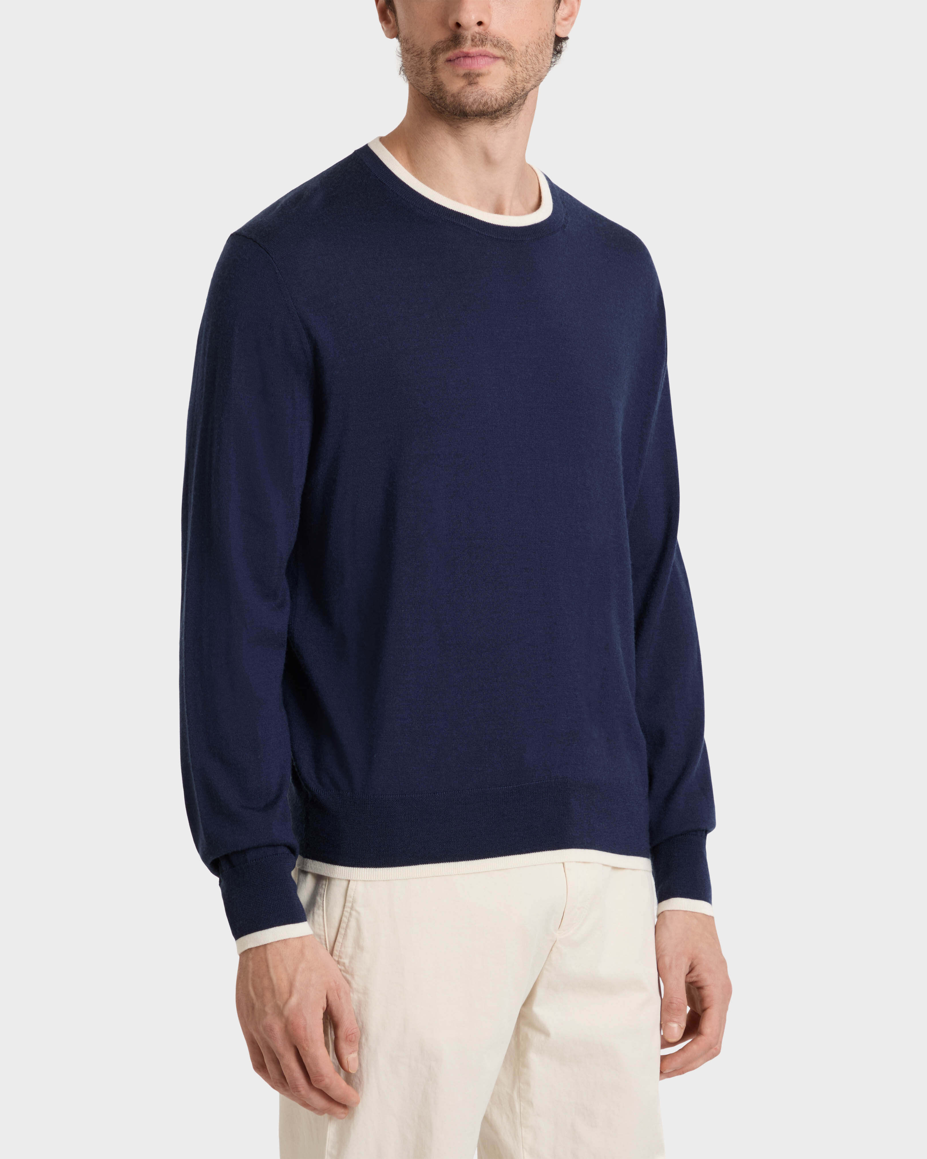 Men Merino Wool Cashmere Silk Crewneck Sweater NAVY frontworn view