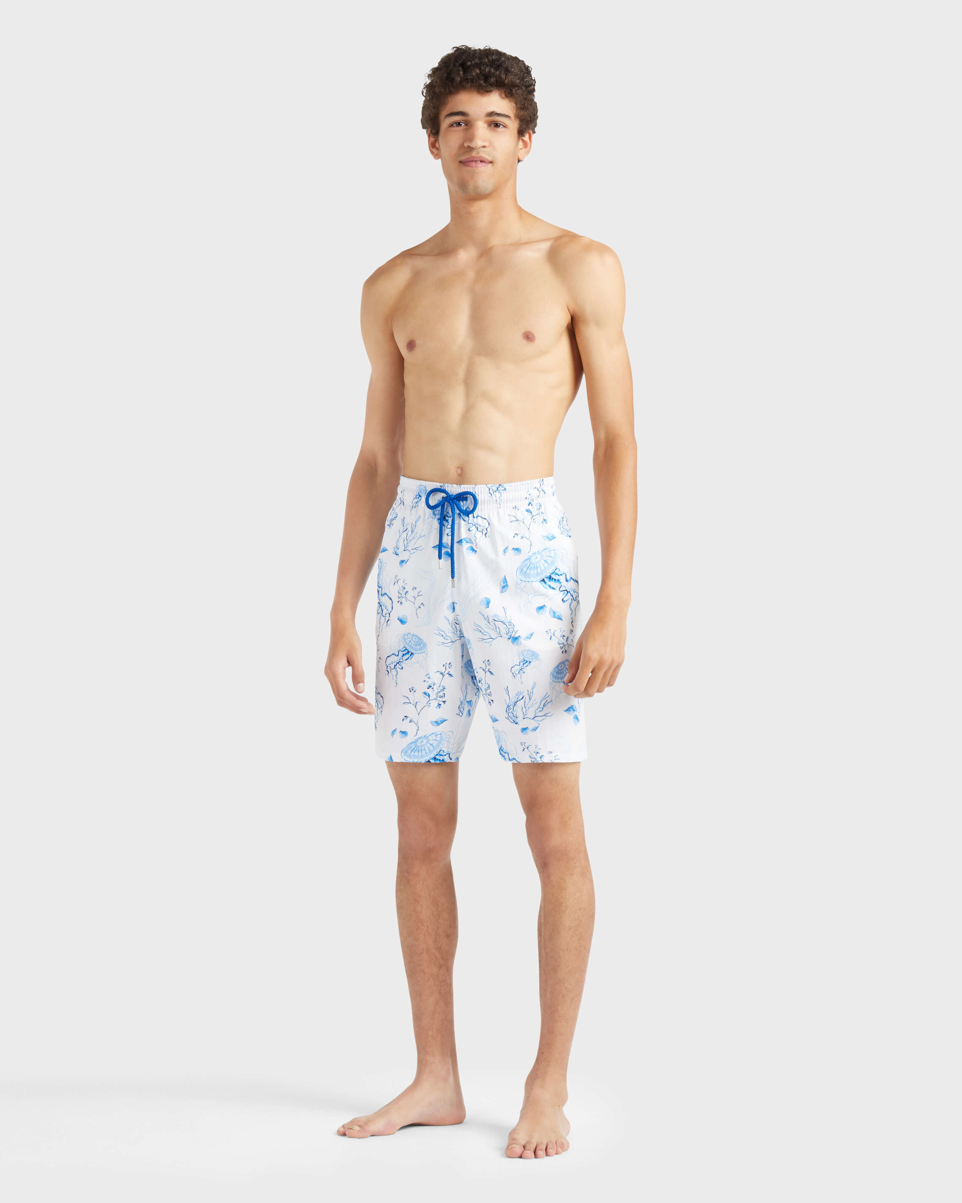 Men Long Stretch Swim Shorts Medusa and Shells WHITE frontworn view