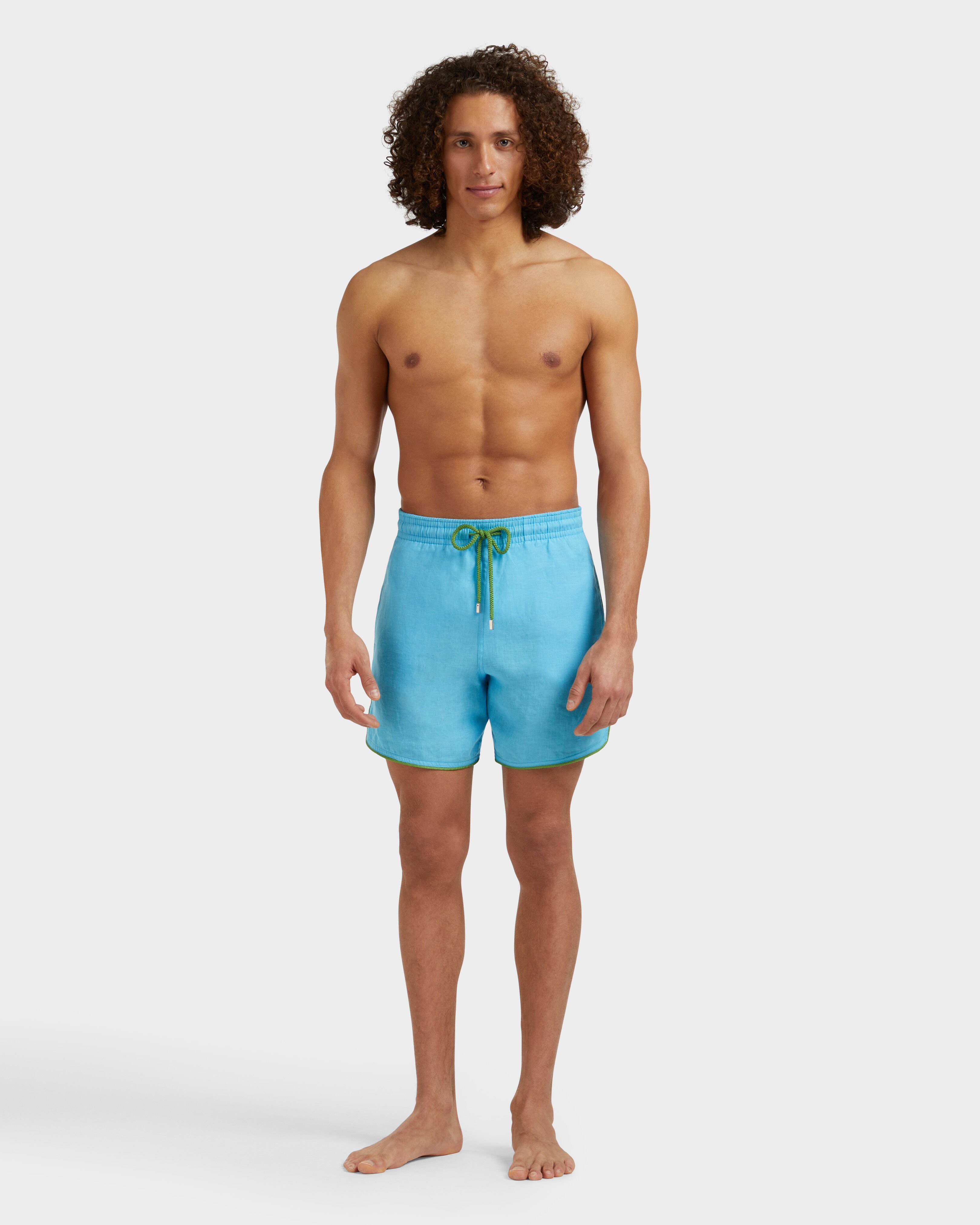 Men Linen Swim Shorts Solid BLUE TOPAZ frontworn view