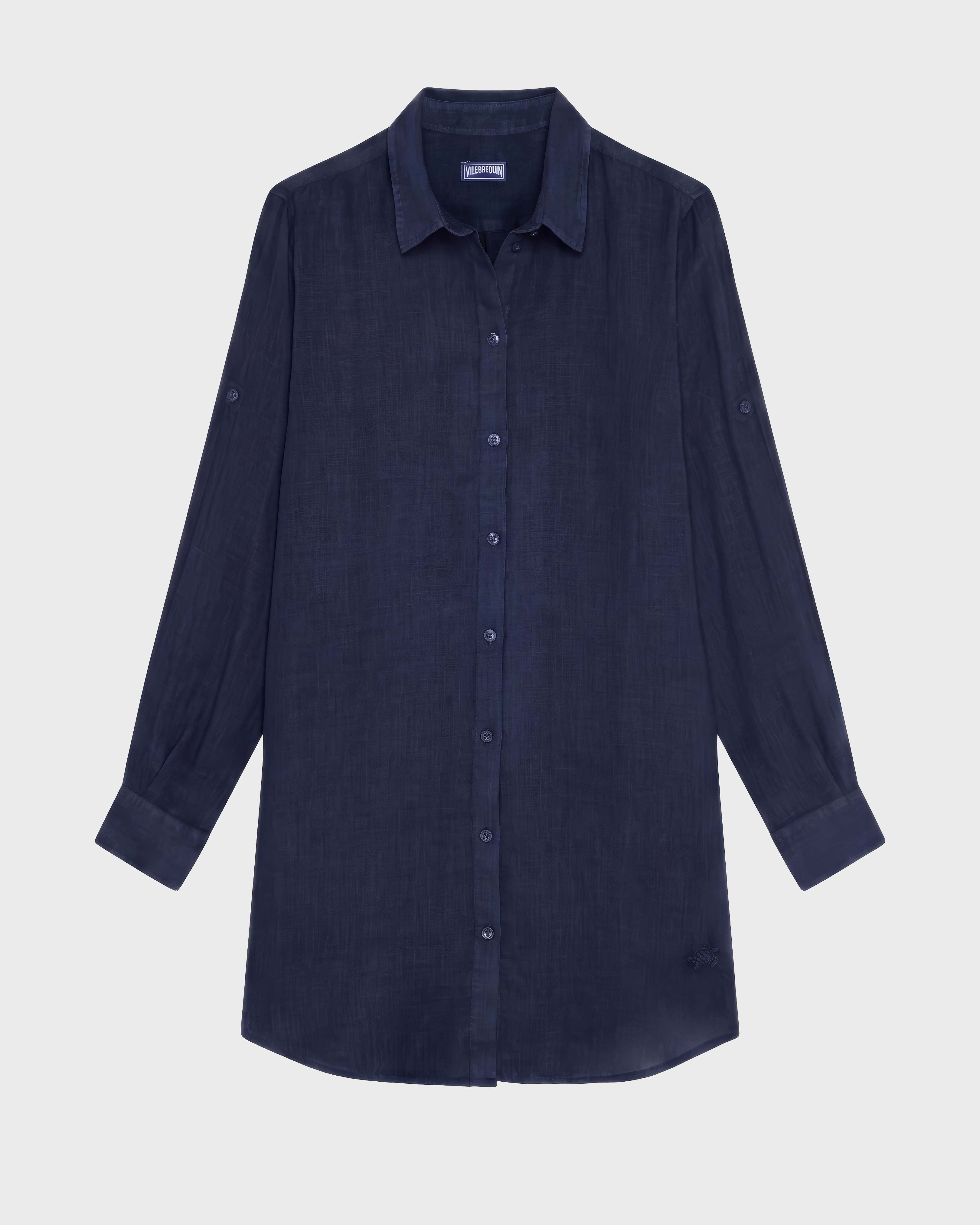 Women Linen Shirt Dress Solid NAVY front view
