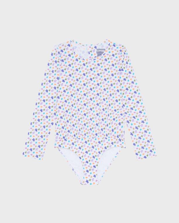 Vilebrequin Kids' Girls One-piece Zipped Swimsuit Rashguard Micro Ronde Des Tortues In White