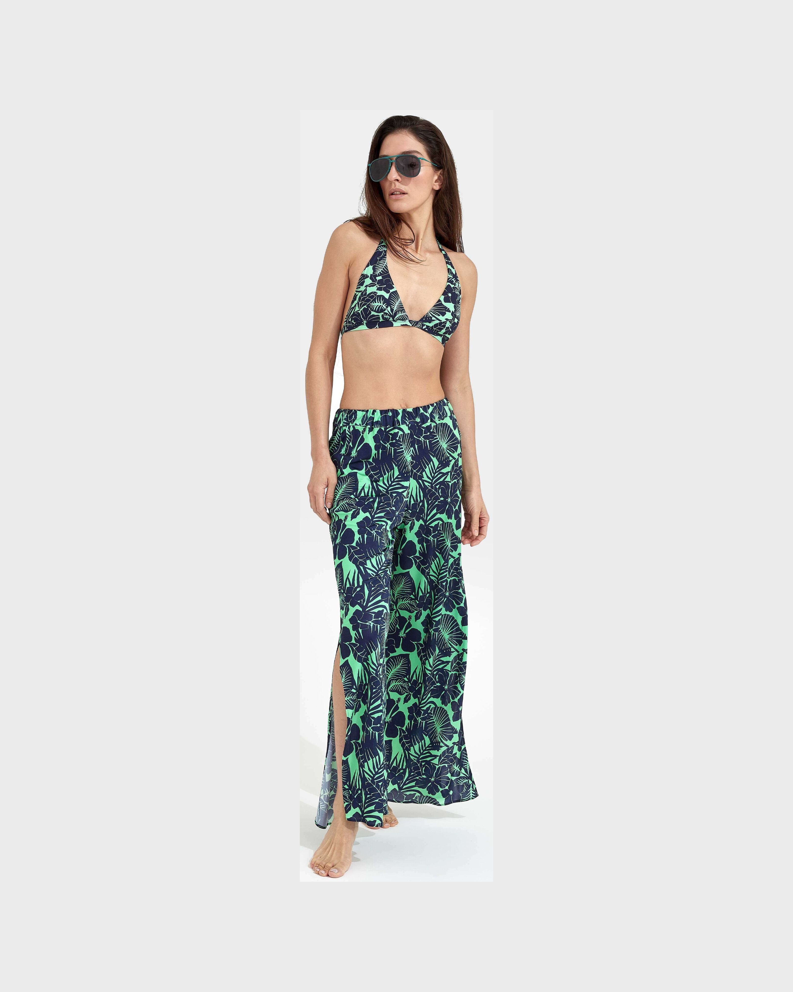 Women Wide-leg Viscose Pants Flowers Paradise GREEN PARADISE frontworn view