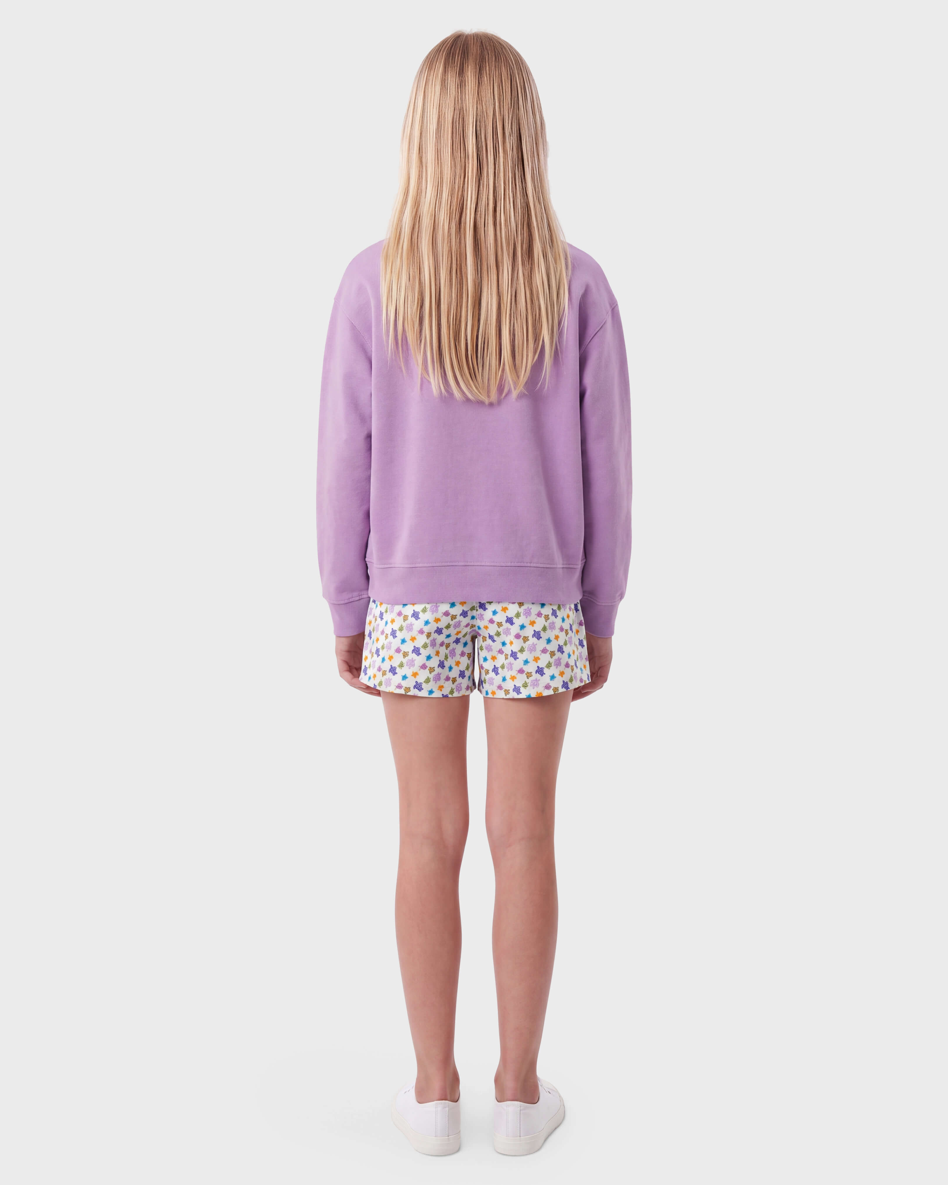 Girls Organic Cotton Crewneck Sweater Multico Big Turtle ORCHID backworn view