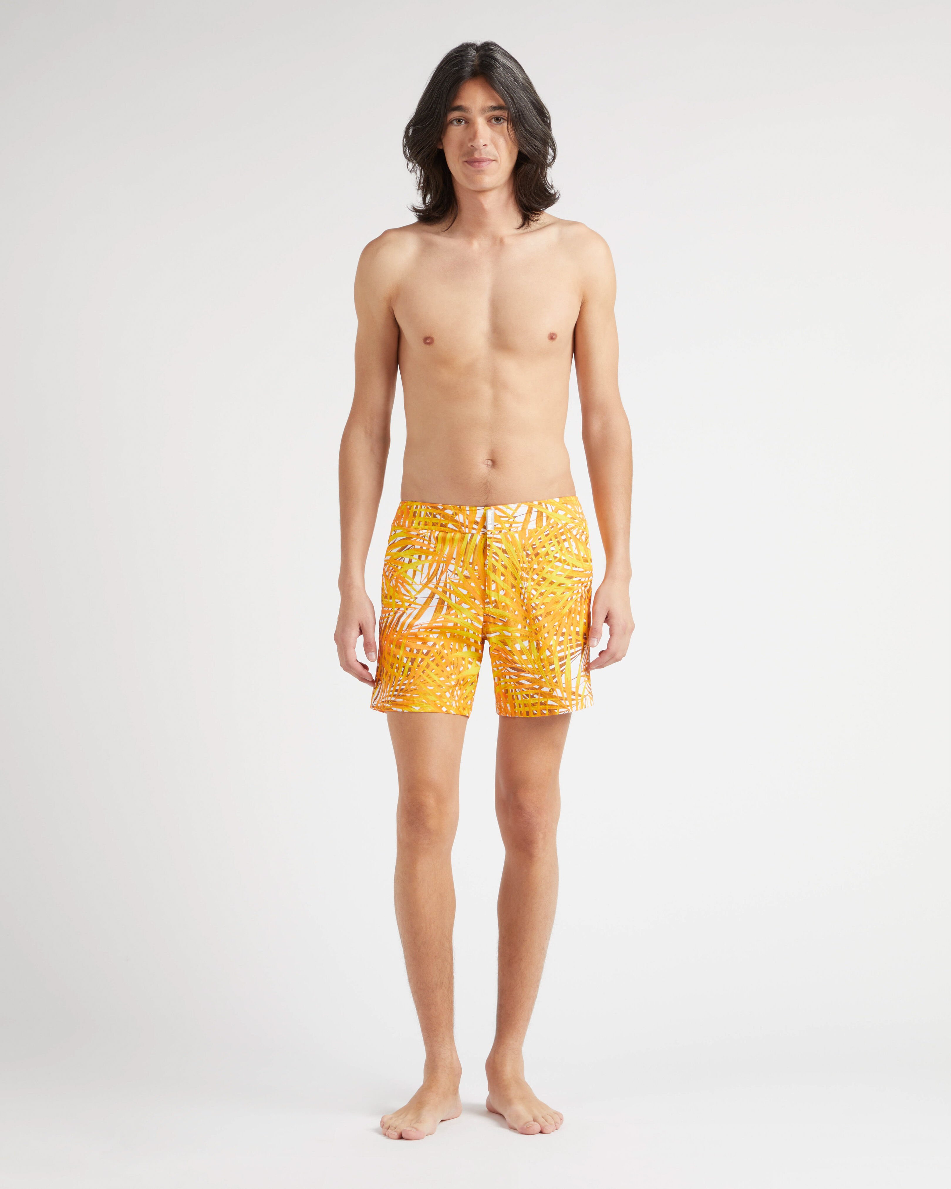 Men Stretch Short Swim Shorts Flat Belt Palm Leaves MANGO frontworn view