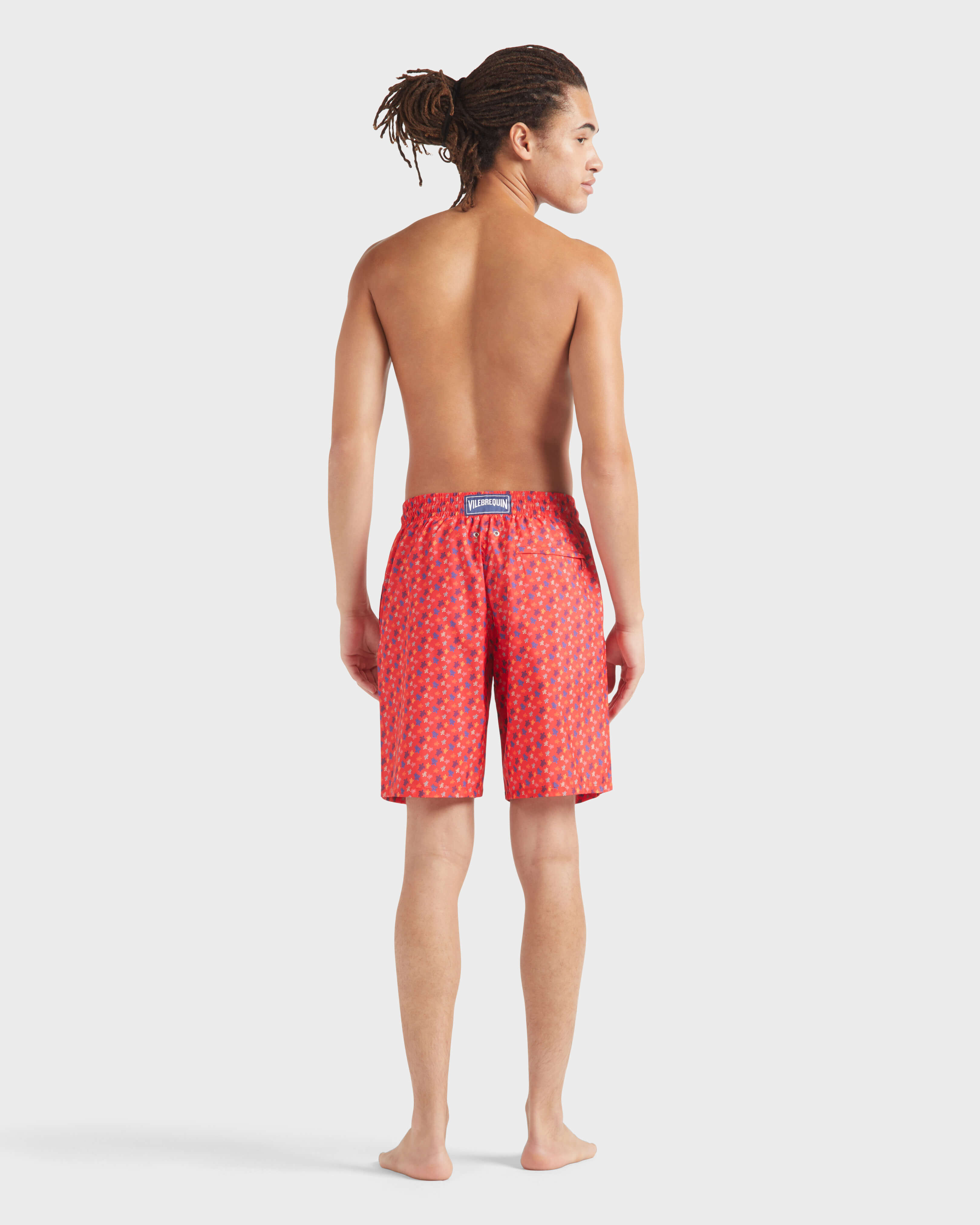 Men Long Ultra-Light and Packable Swim Shorts Micro Rondes des Tortues POPPY RED backworn view