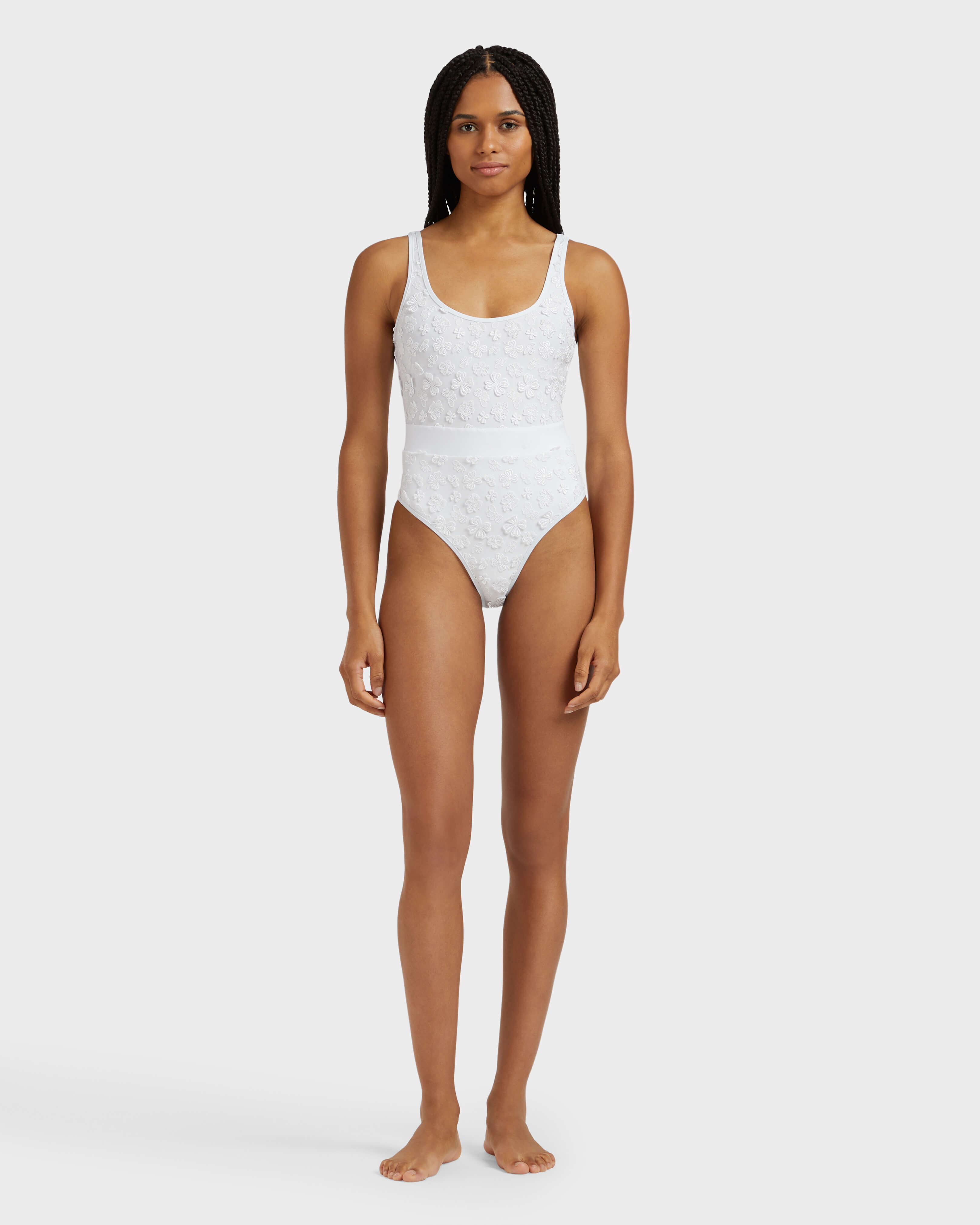 Women One-piece swimsuit Embroidered Flowers WHITE frontworn view