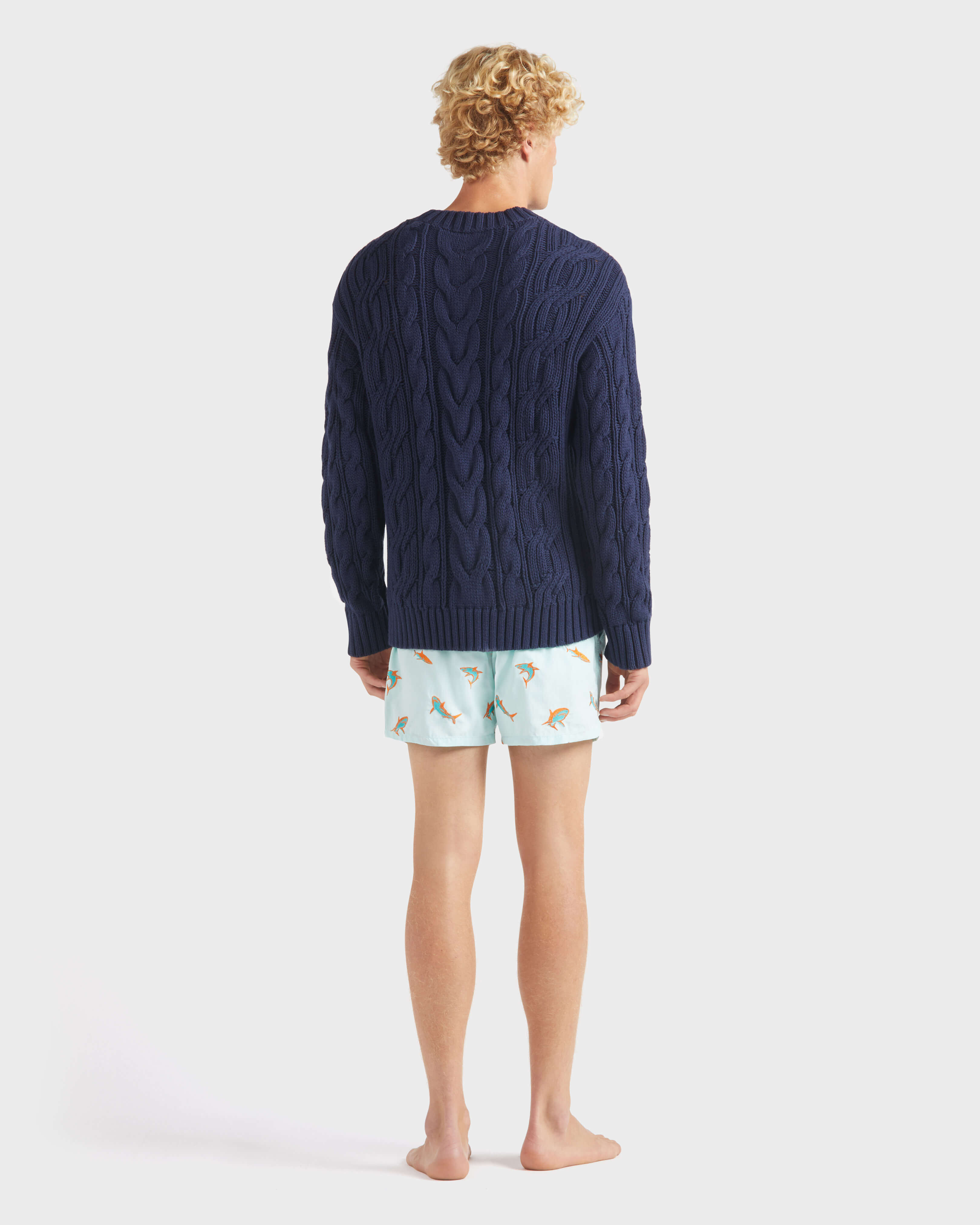 Men Cable-Knit Cotton Sweater NAVY backworn view