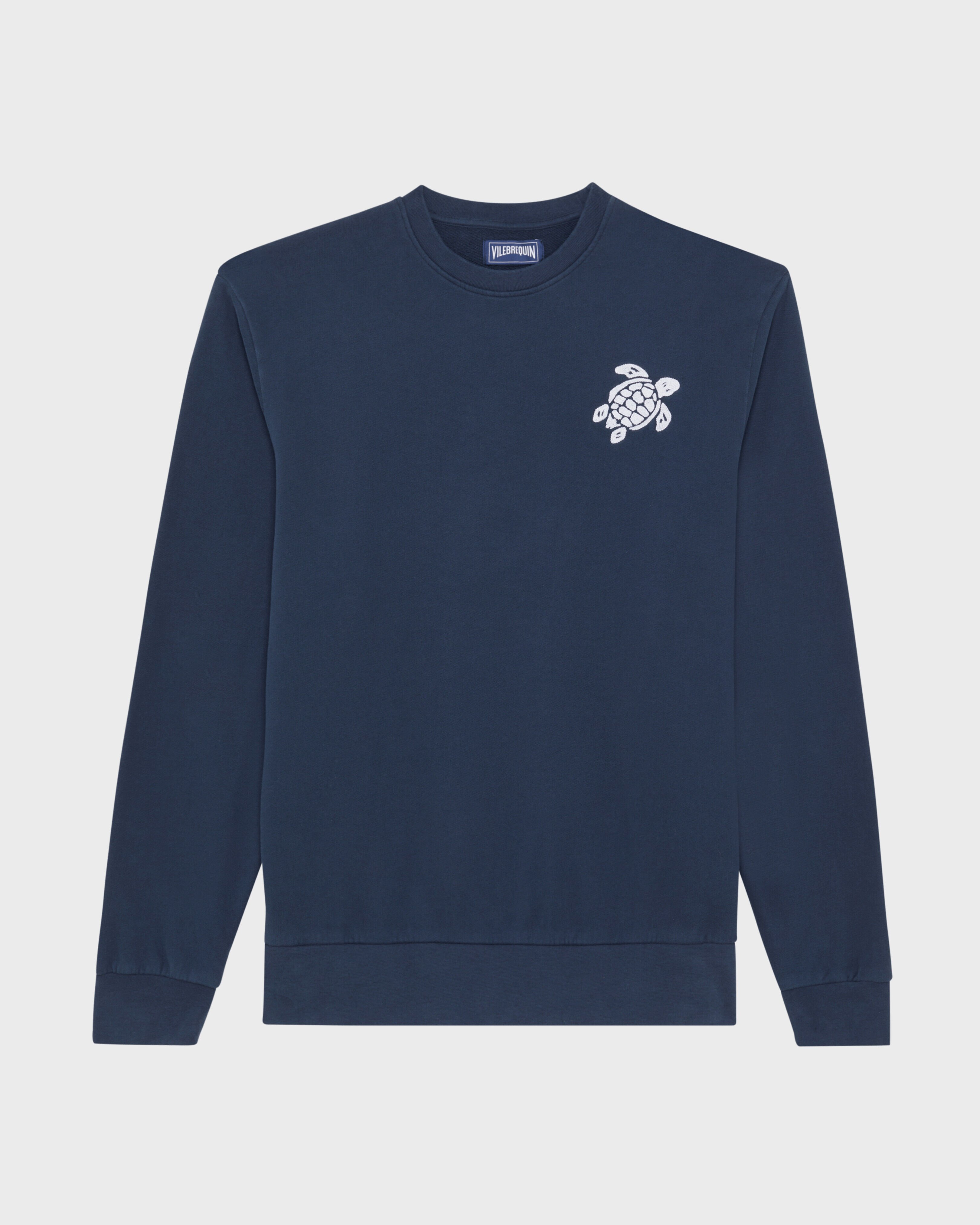 Men Crewneck Cotton Sweatshirt Big Turtle Embroidery NAVY front view
