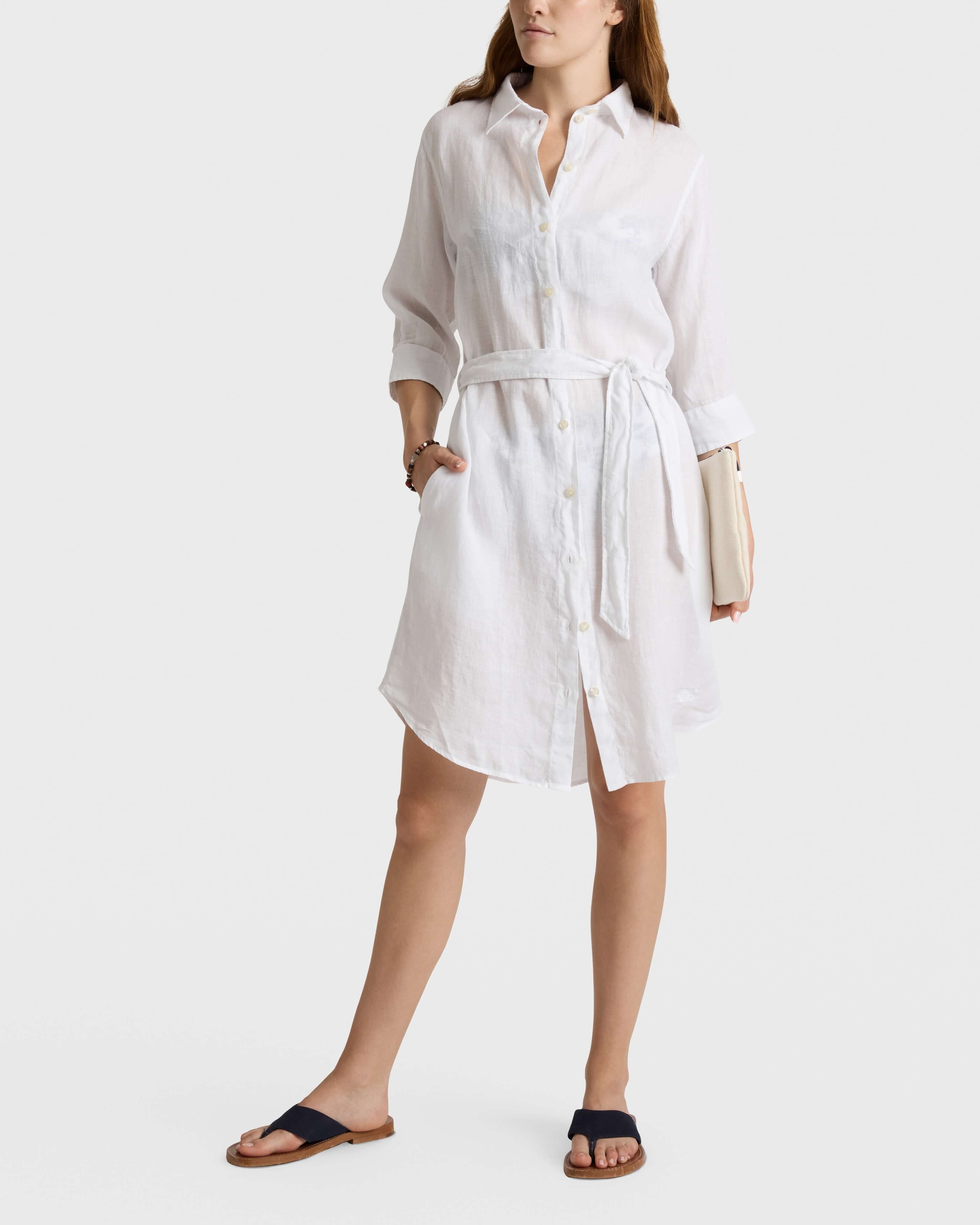 Robe chemise en lin femme unie BLANC frontworn view