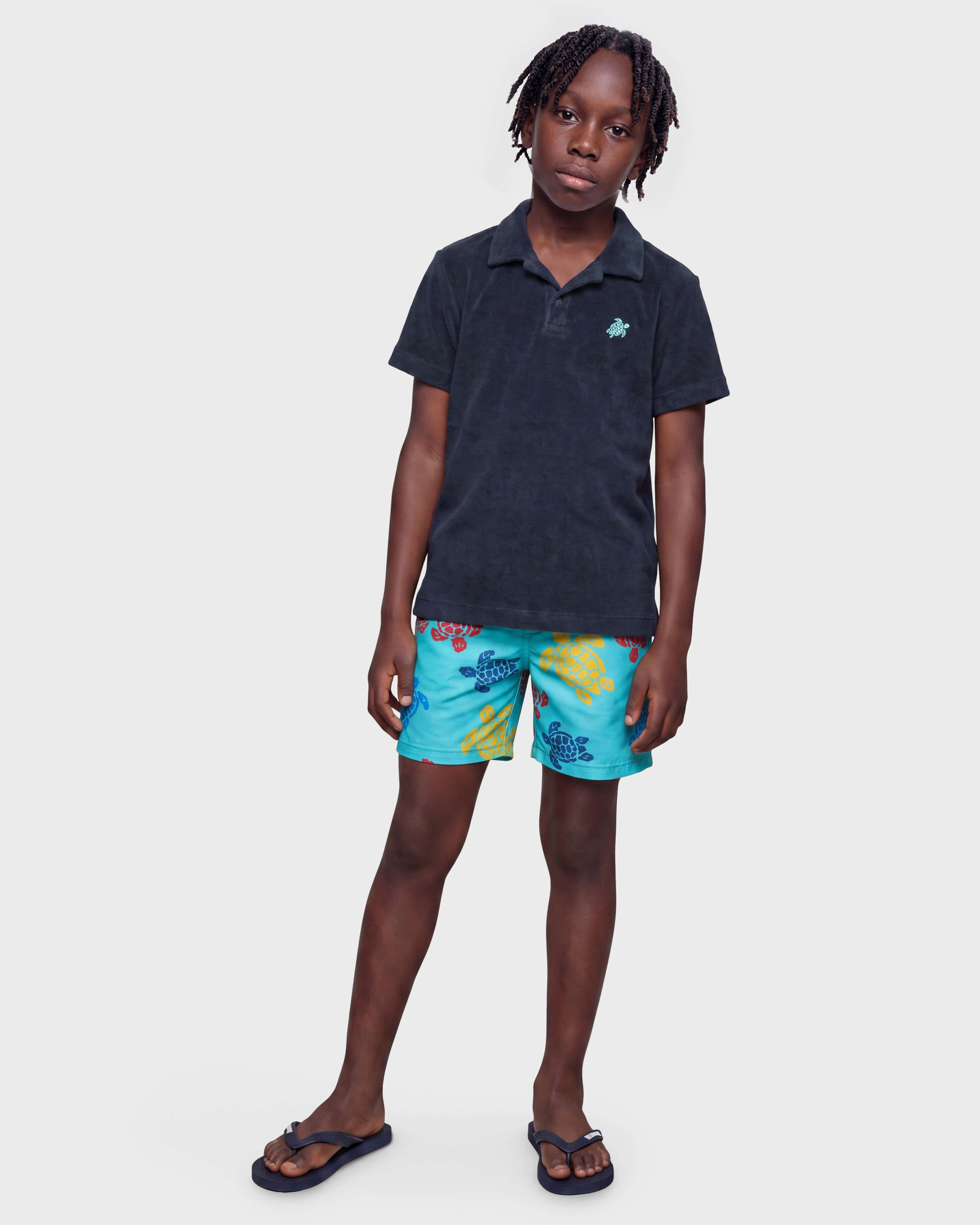 Boys Swim Shorts Ronde des Tortues Tricot - Vilebrequin x Falke LAZULII BLUE frontworn view