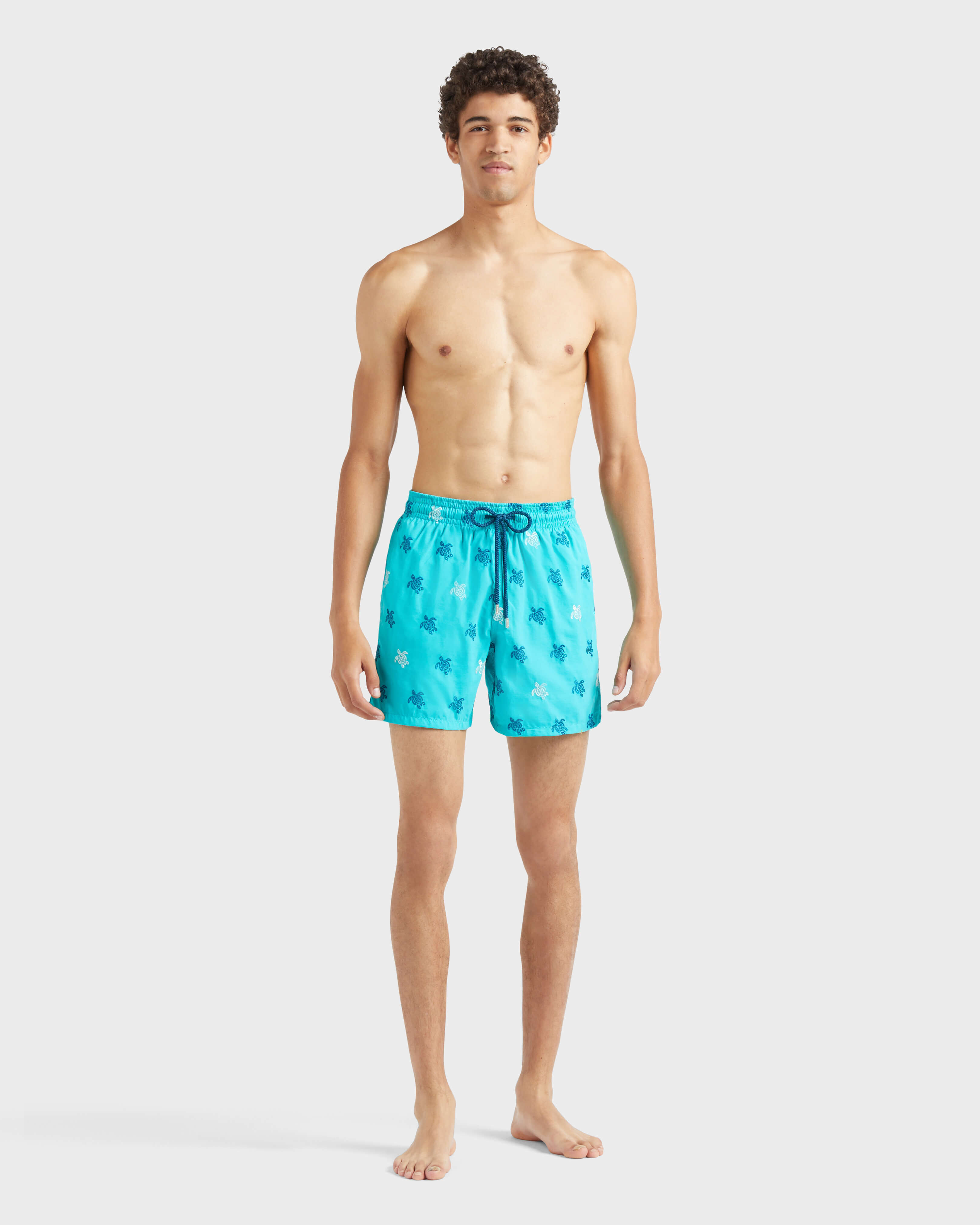 Men Swim Trunks Embroidered Micro Ronde des Tortues Diagonale - Limited Edition DISCO GREEN frontworn view