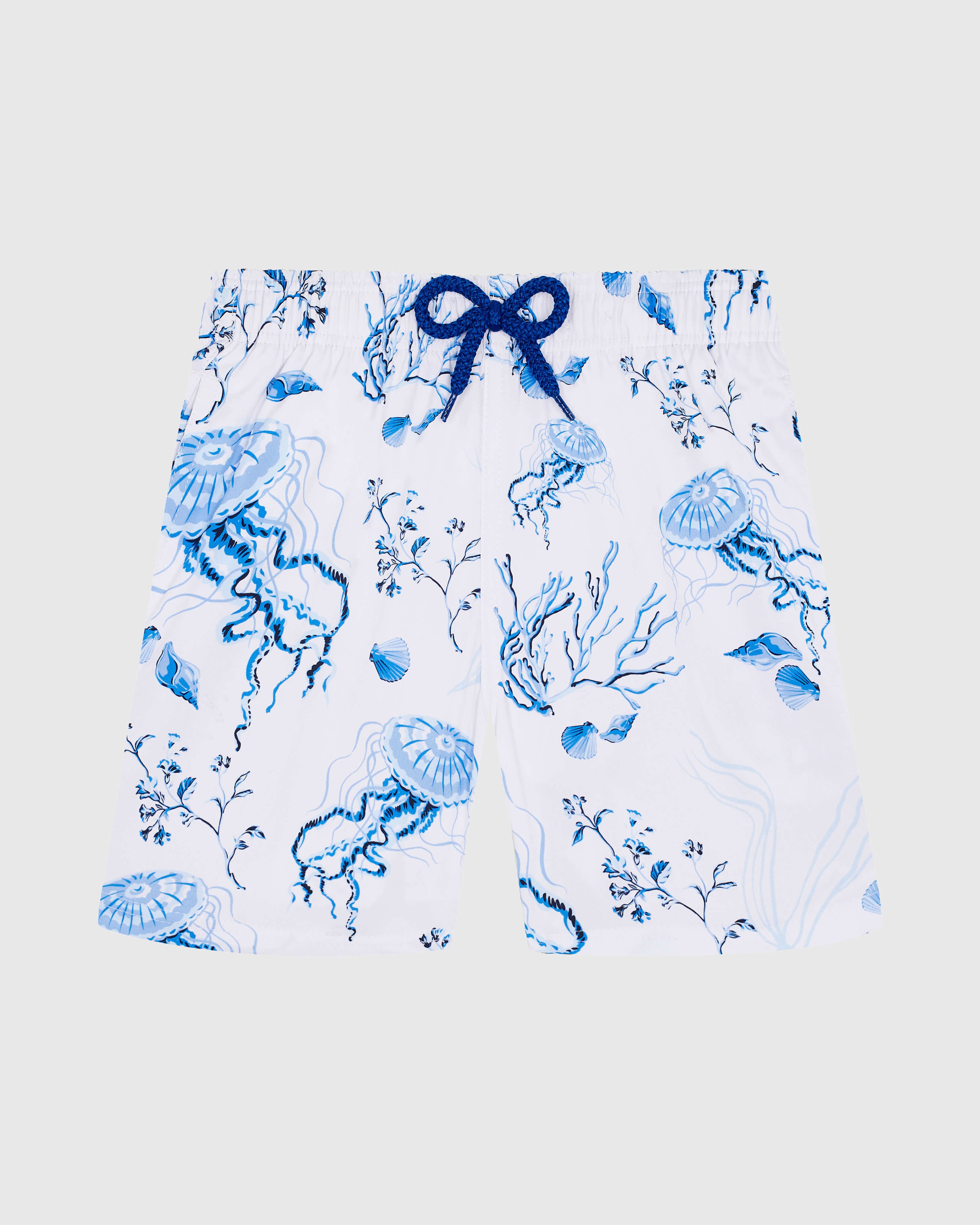 Boys Stretch Swim shorts Medusa and Shells WHITE front view