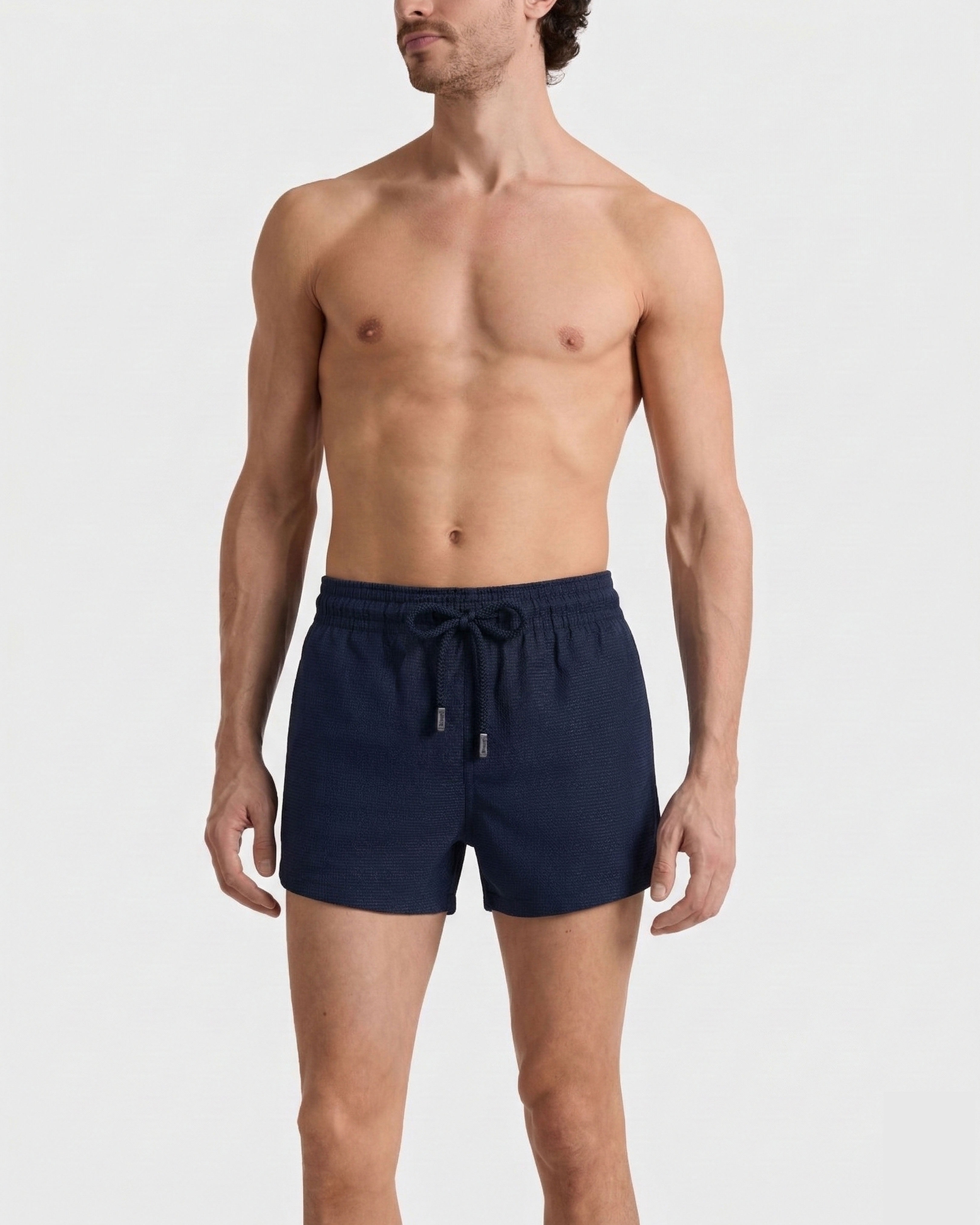 Men Short Ultrafine Merino Wool Swimwear Micro Carreaux NAVY frontworn view