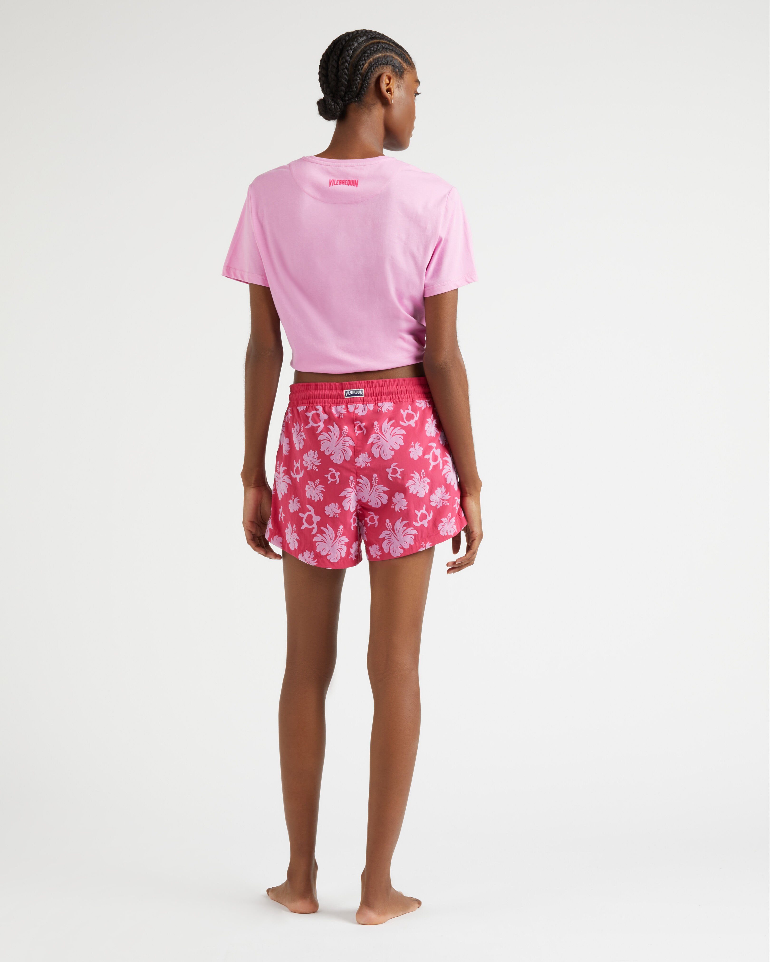 Women Swim Shorts Flocked Turtles heart GOOSEBERRY RED backworn view
