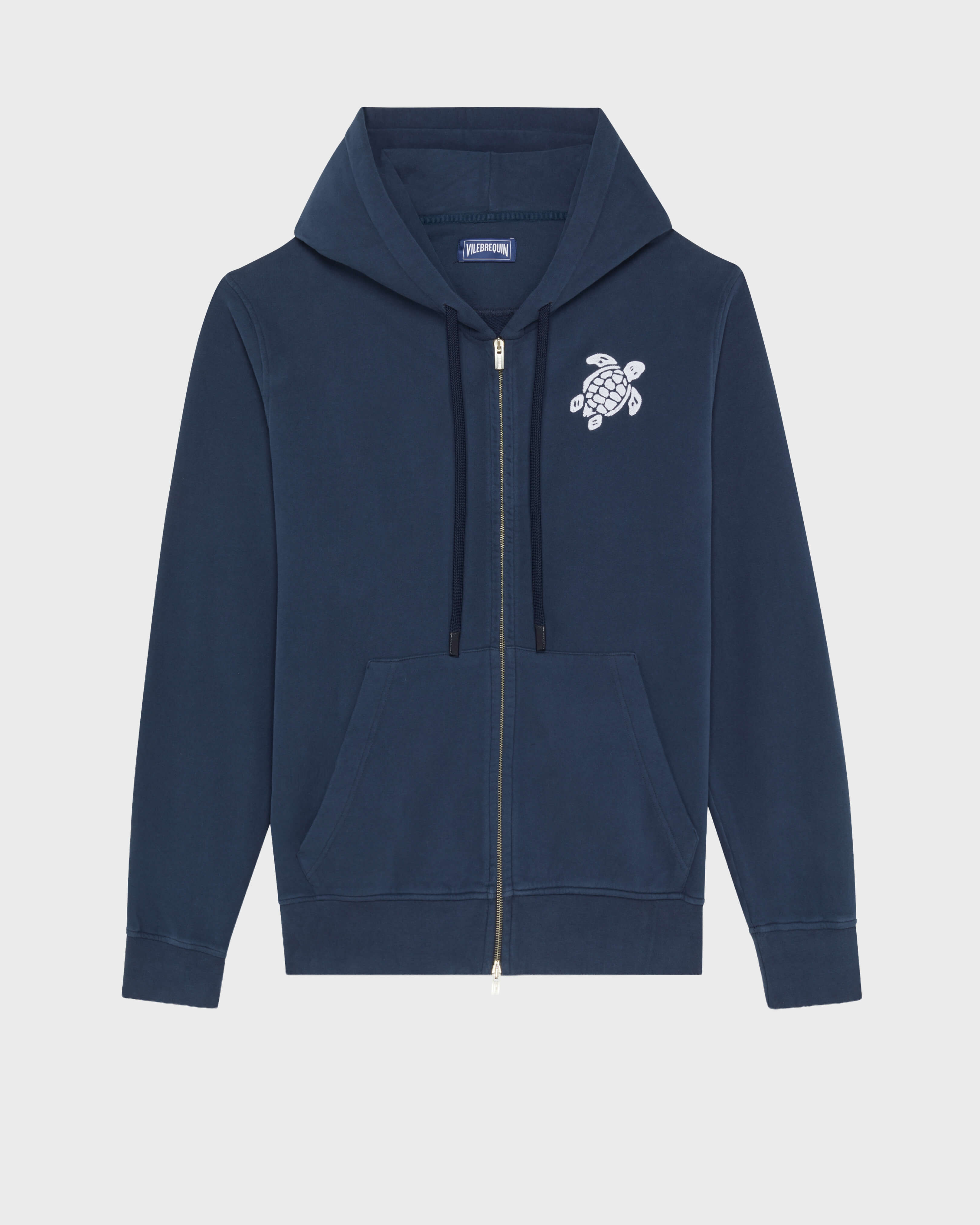 Baumwoll-Cardigan mit durchgehendem Reißverschluss und großer Schildkrötenstickerei für Herren MARINEBLAU front view