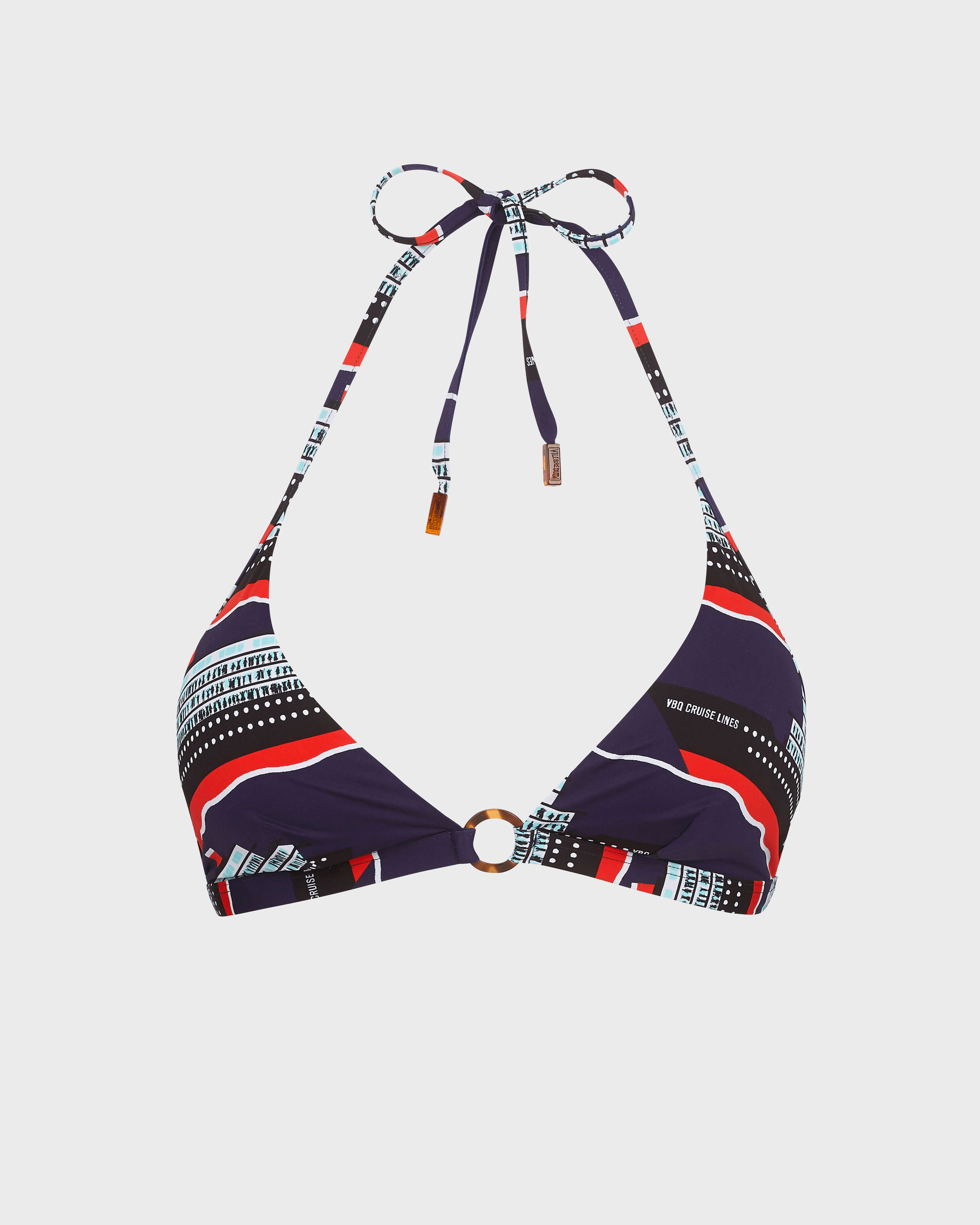 Top de bikini anudado alrededor del cuello con estampado VBQ Cruise Lines para mujer MIDNIGHT BLUE front view