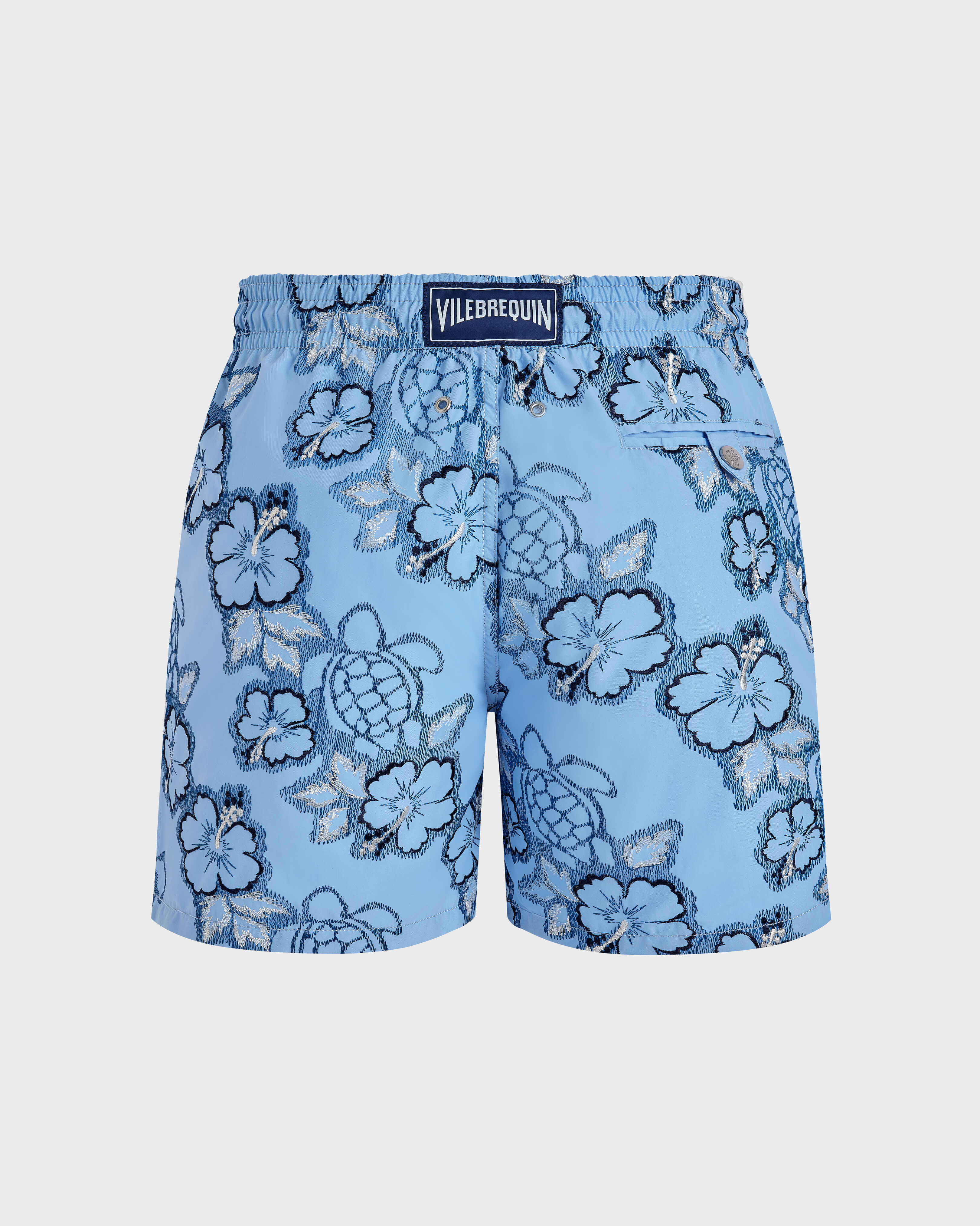 Men Swim Trunks Embroidered Hibiscus - Limited Edition FLAX FLOWER back view