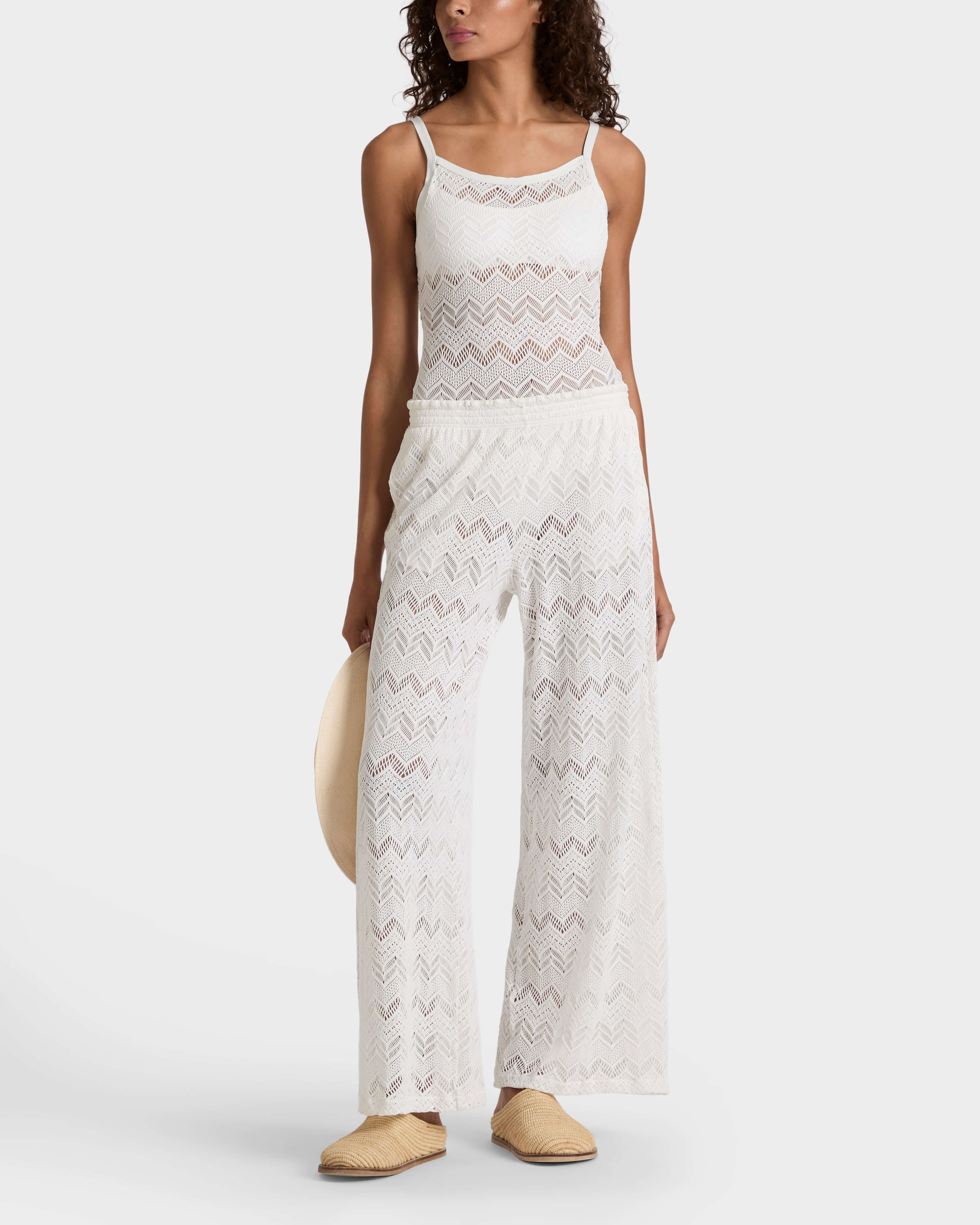 Pantaloni donna a gamba ampia in mesh OFF WHITE frontworn view