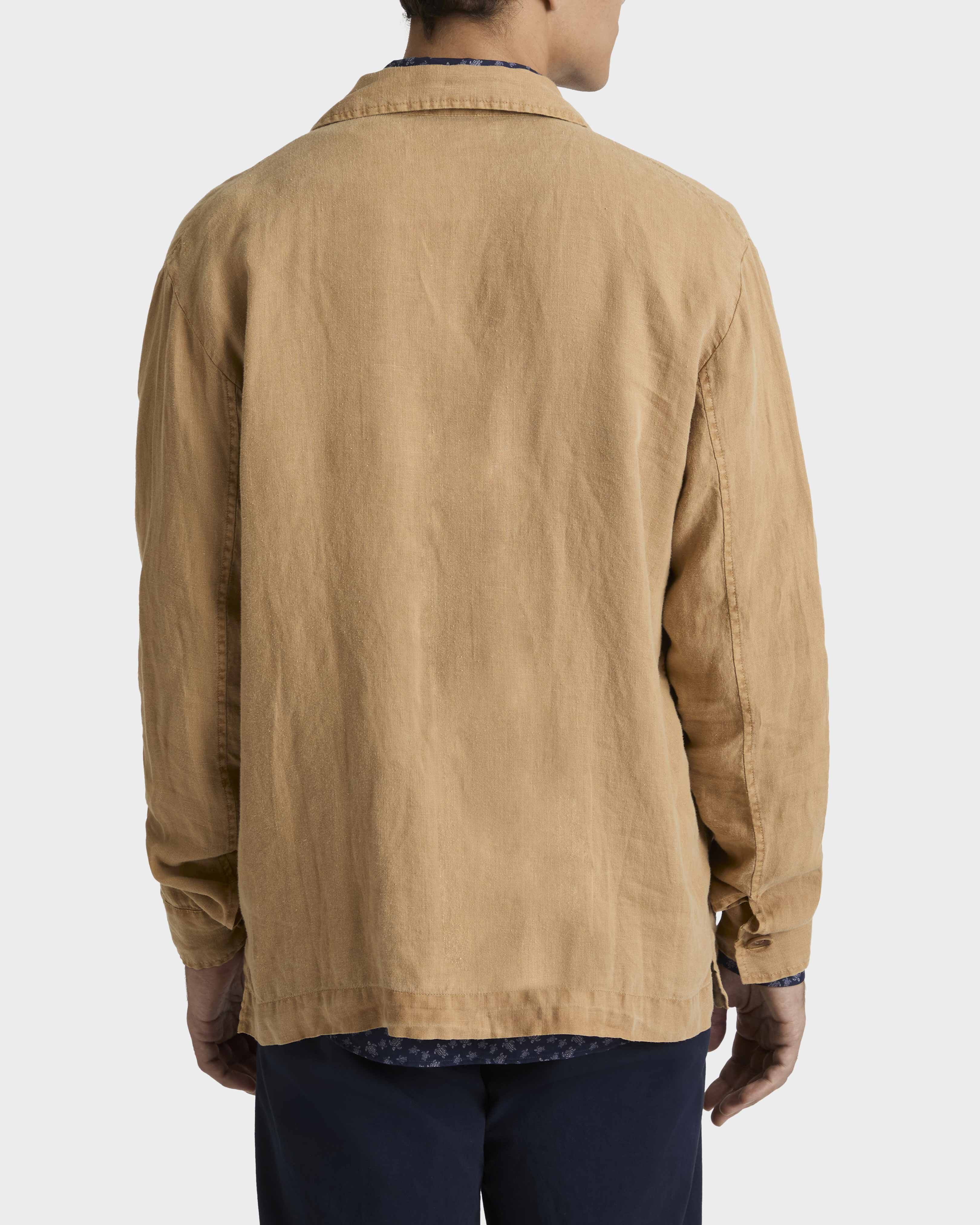 Men Linen Overshirt Mineral Dye Color MOCHA backworn view