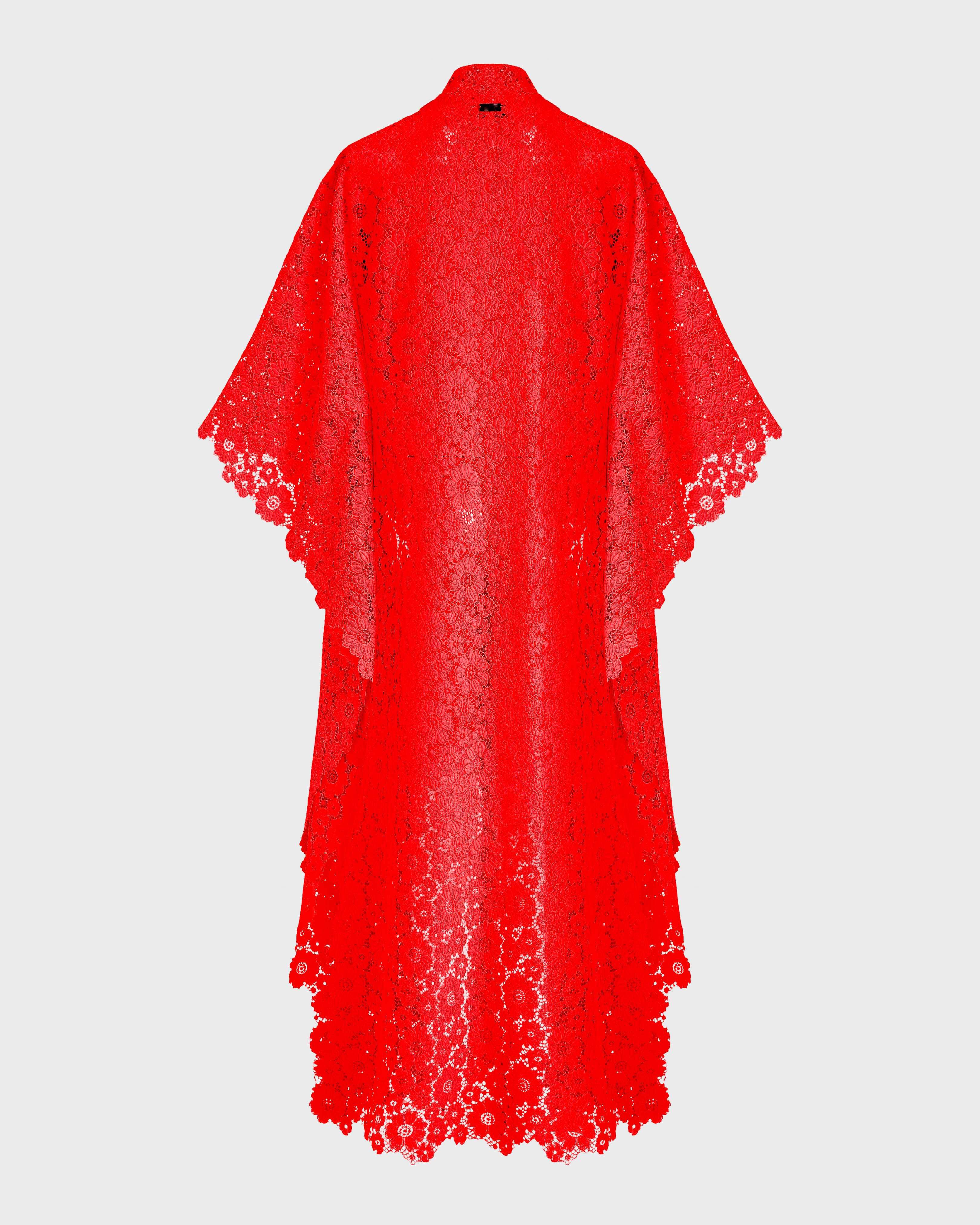 Women Guipure Kimono Flowers Lace POPPY RED back view