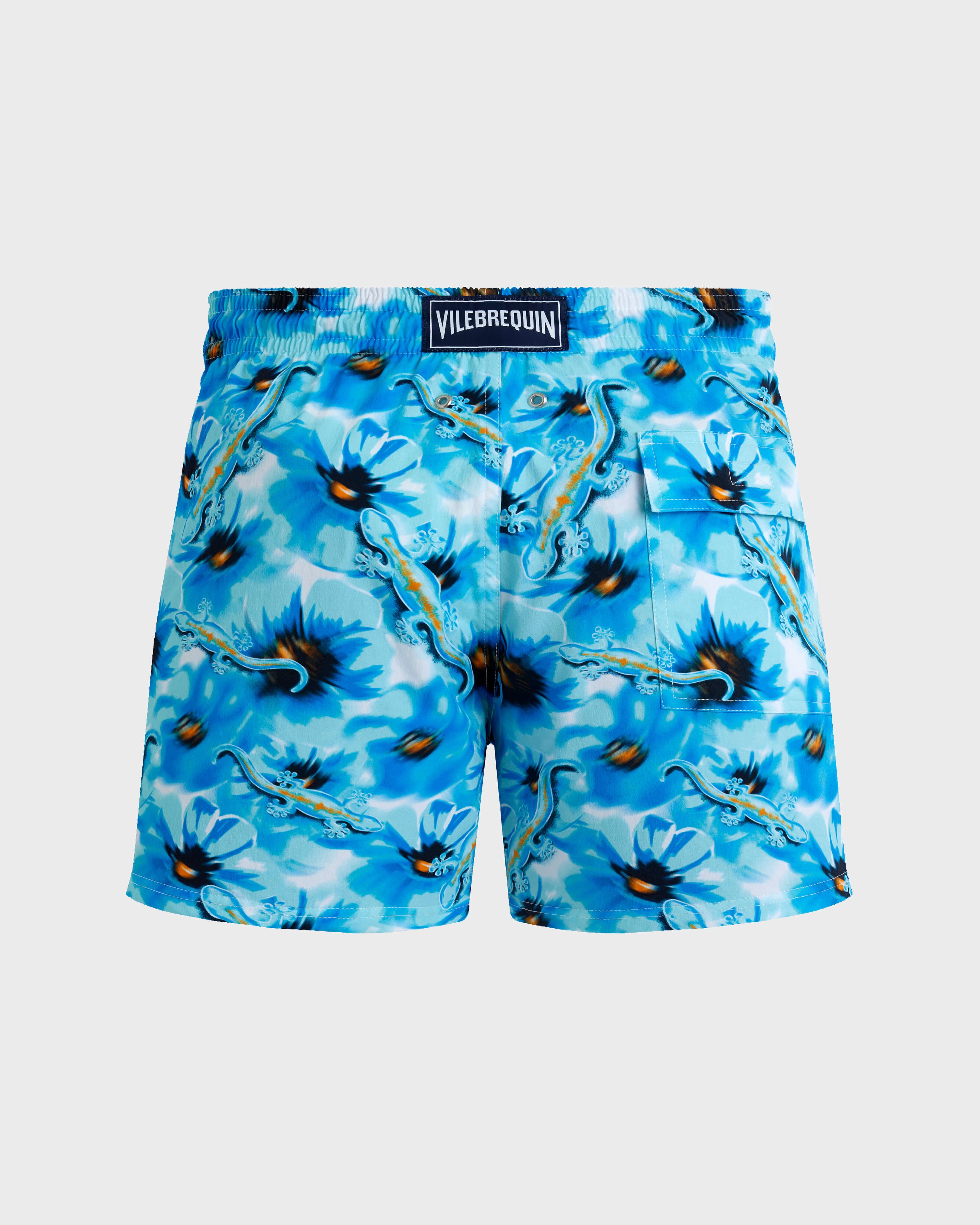Men Stretch Short Swim Shorts Poopies and Geckos BLUE TOPAZ back view