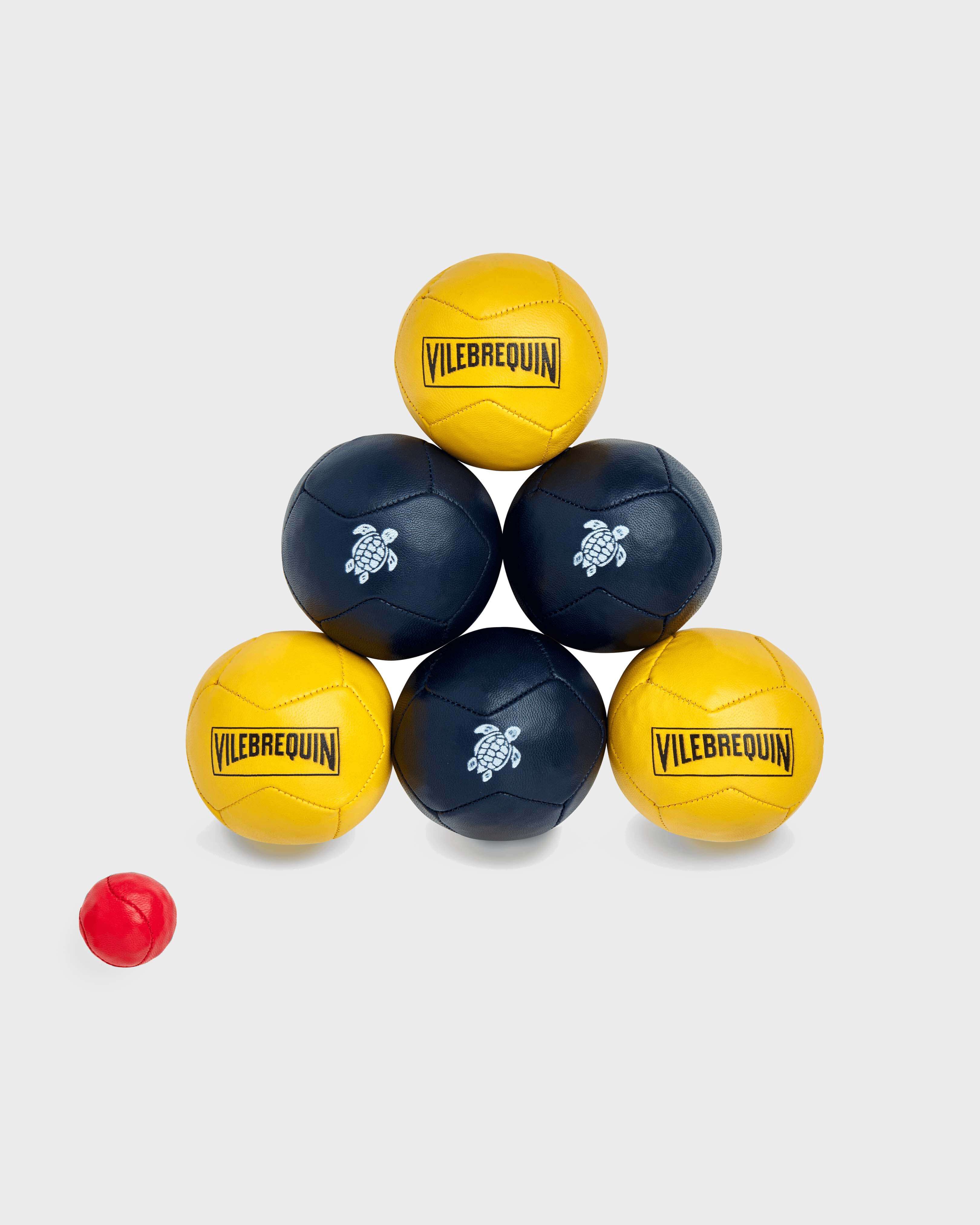 Navy Blue Recycled Leather Petanque Boules - Vilebrequin x La Mariole NAVY / YELLOW front view