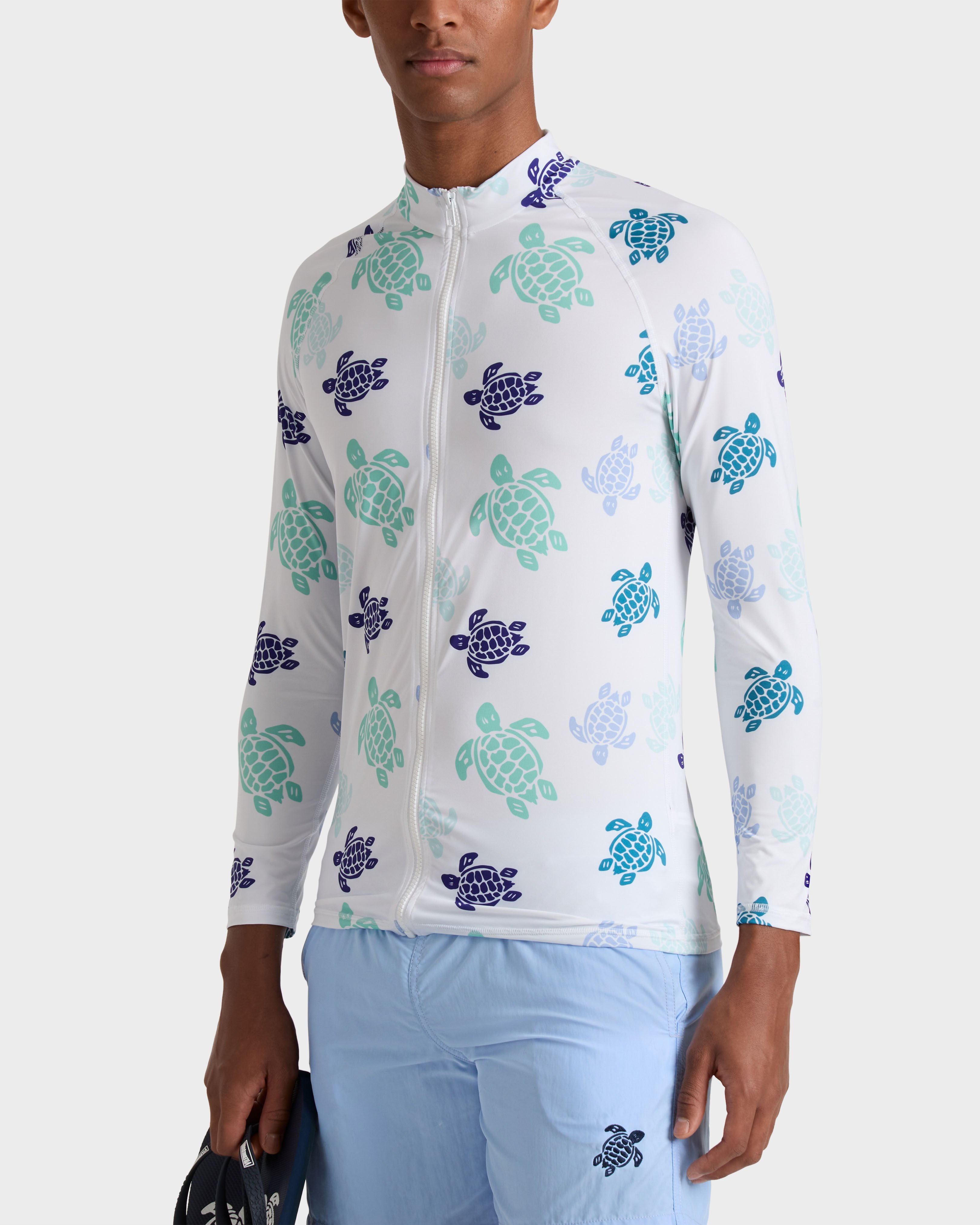 Langärmeliger Tortues Multicolores Rashguard mit Reißverschluss für Herren WEISS frontworn view