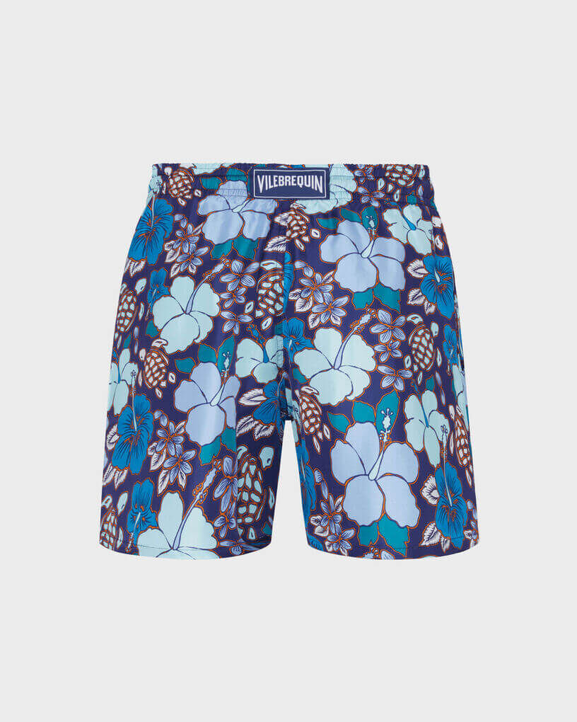 Men Silk Bermuda Shorts Tropical Turtles MIDNIGHT back view