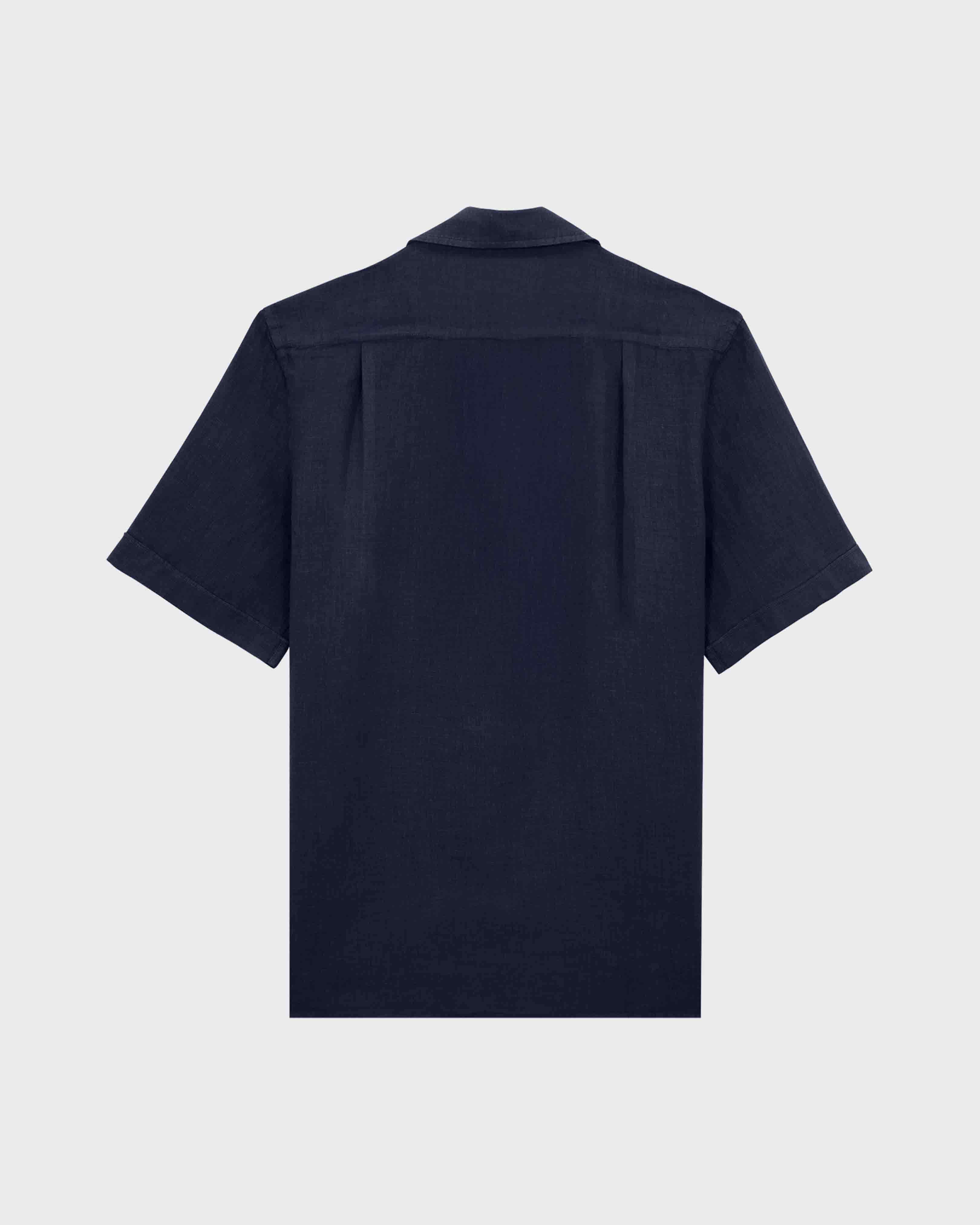 Men Bowling Linen Shirt Solid NAVY back view