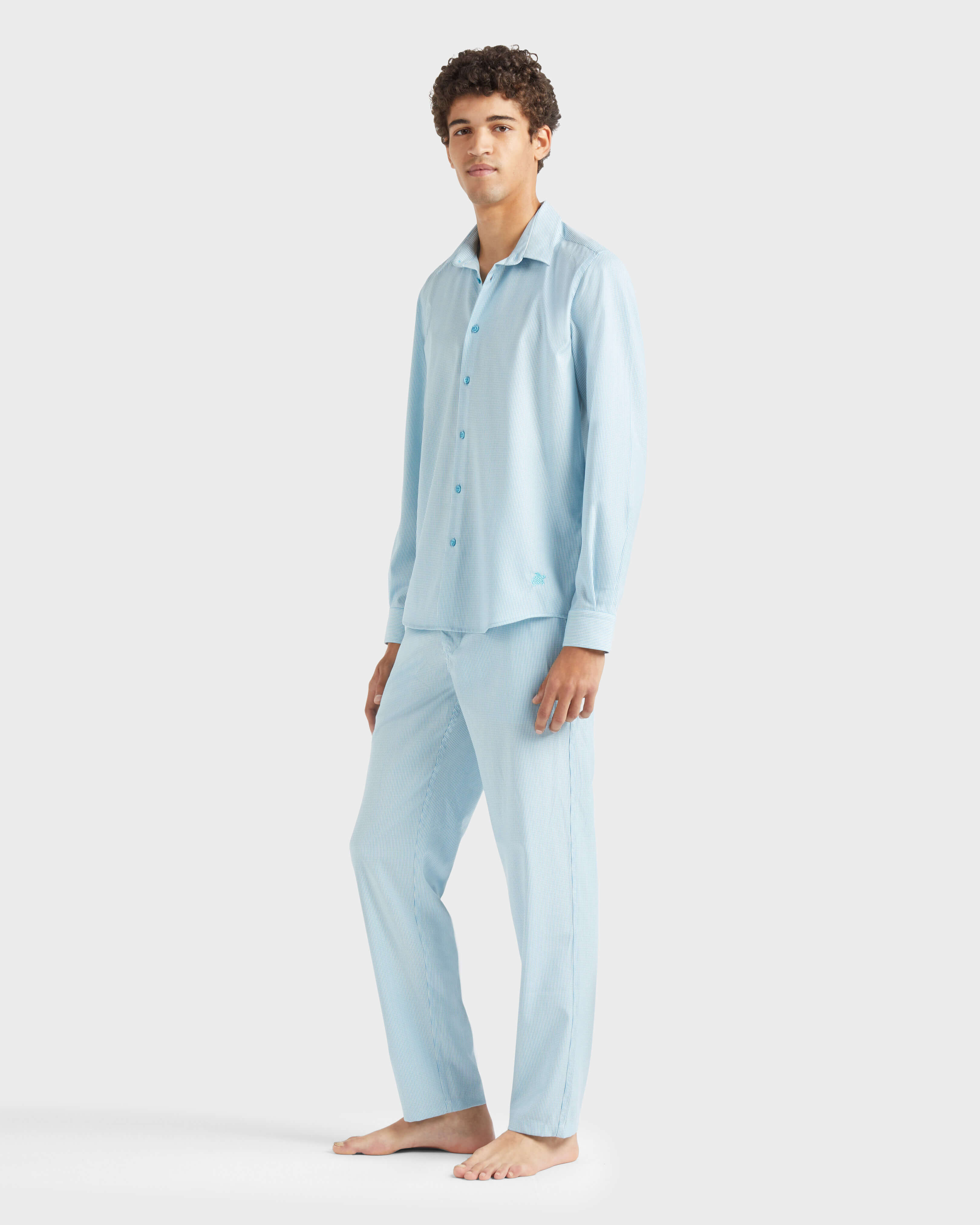 Men Wool Shirt Micro Rayures Tailoring BLUE TOPAZ frontworn view