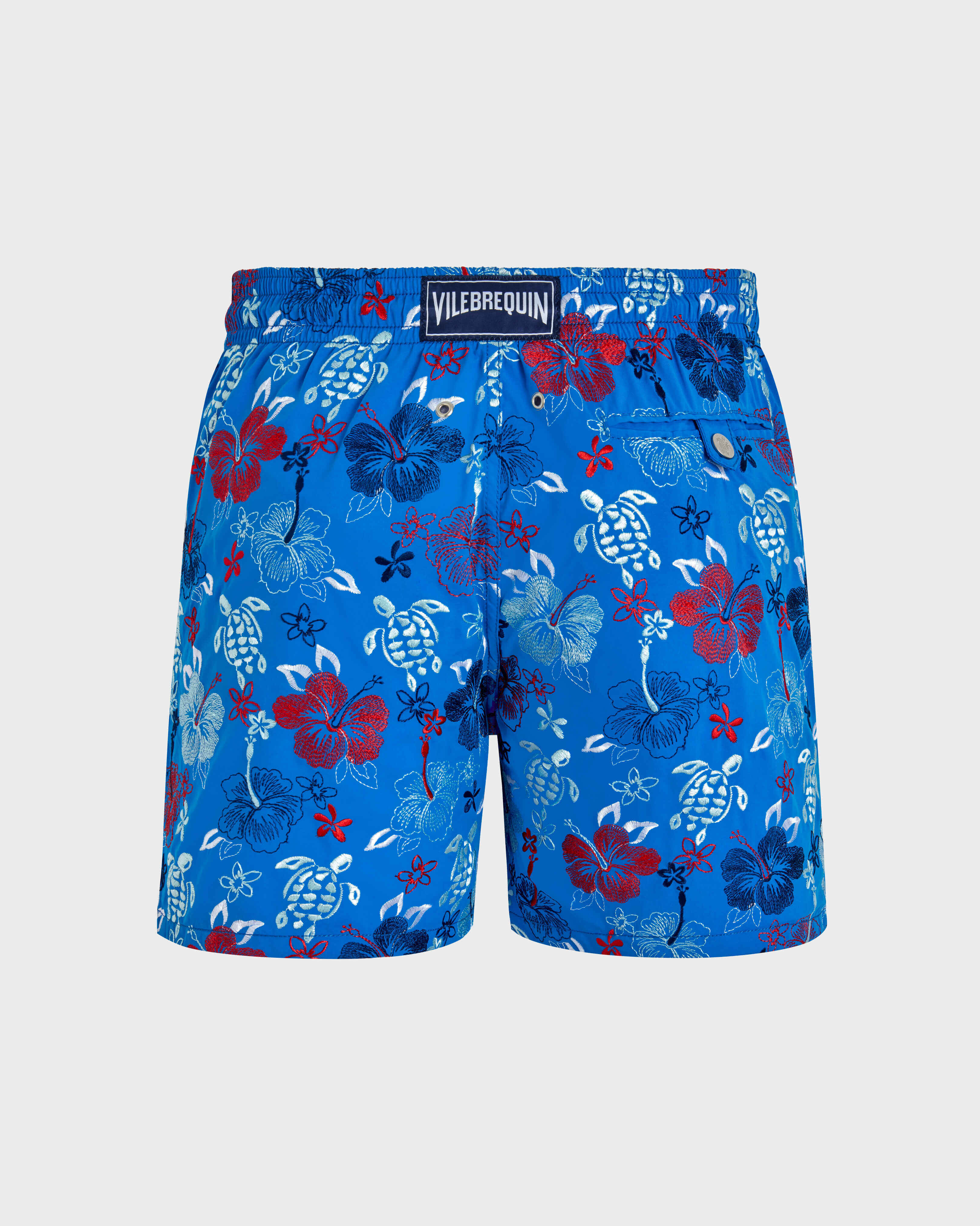 Men Swim Shorts Embroidered Tropical Turtles - Limited Edition NEON BLUE back view