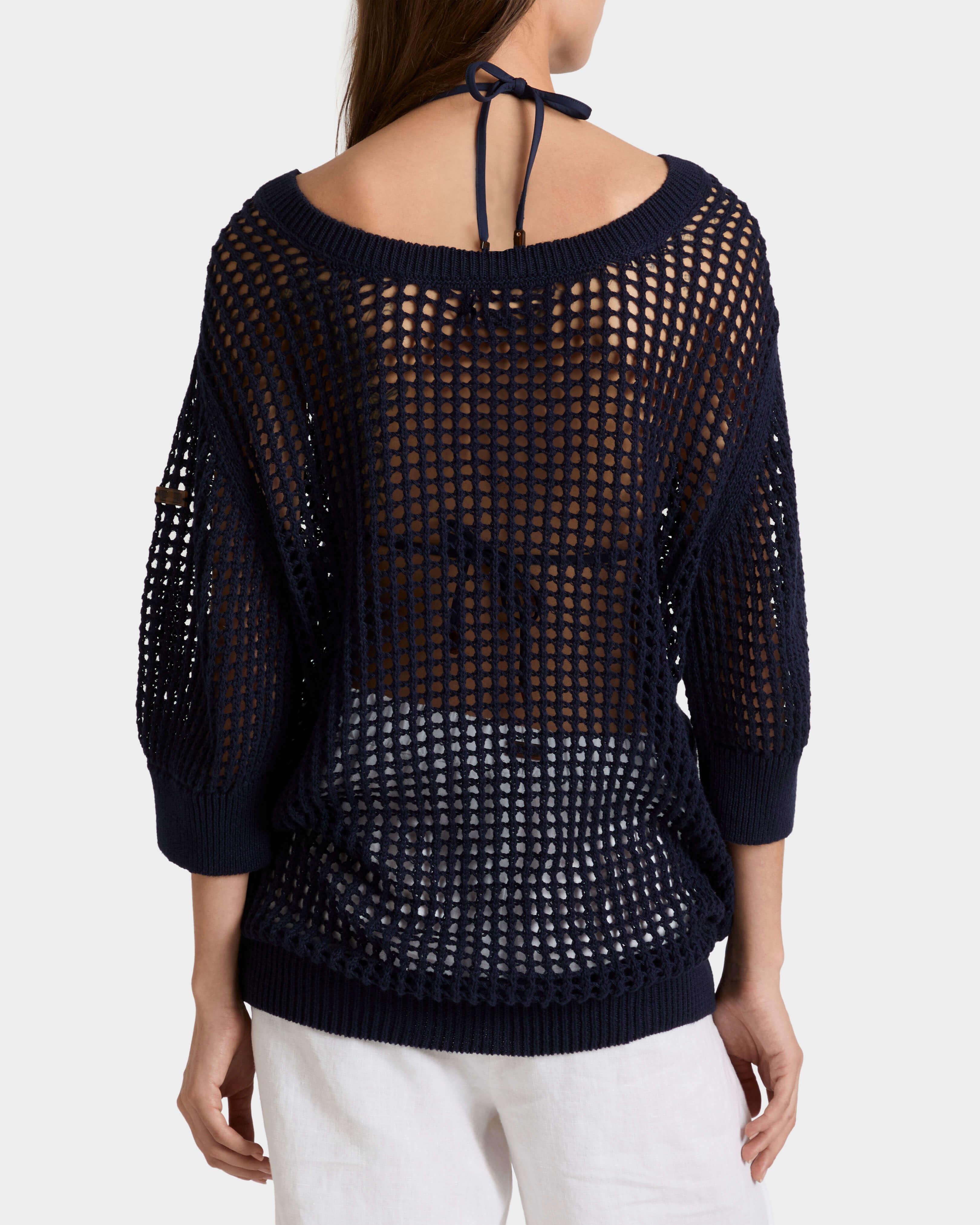 Solid Häkelpullover für Damen MARINEBLAU backworn view