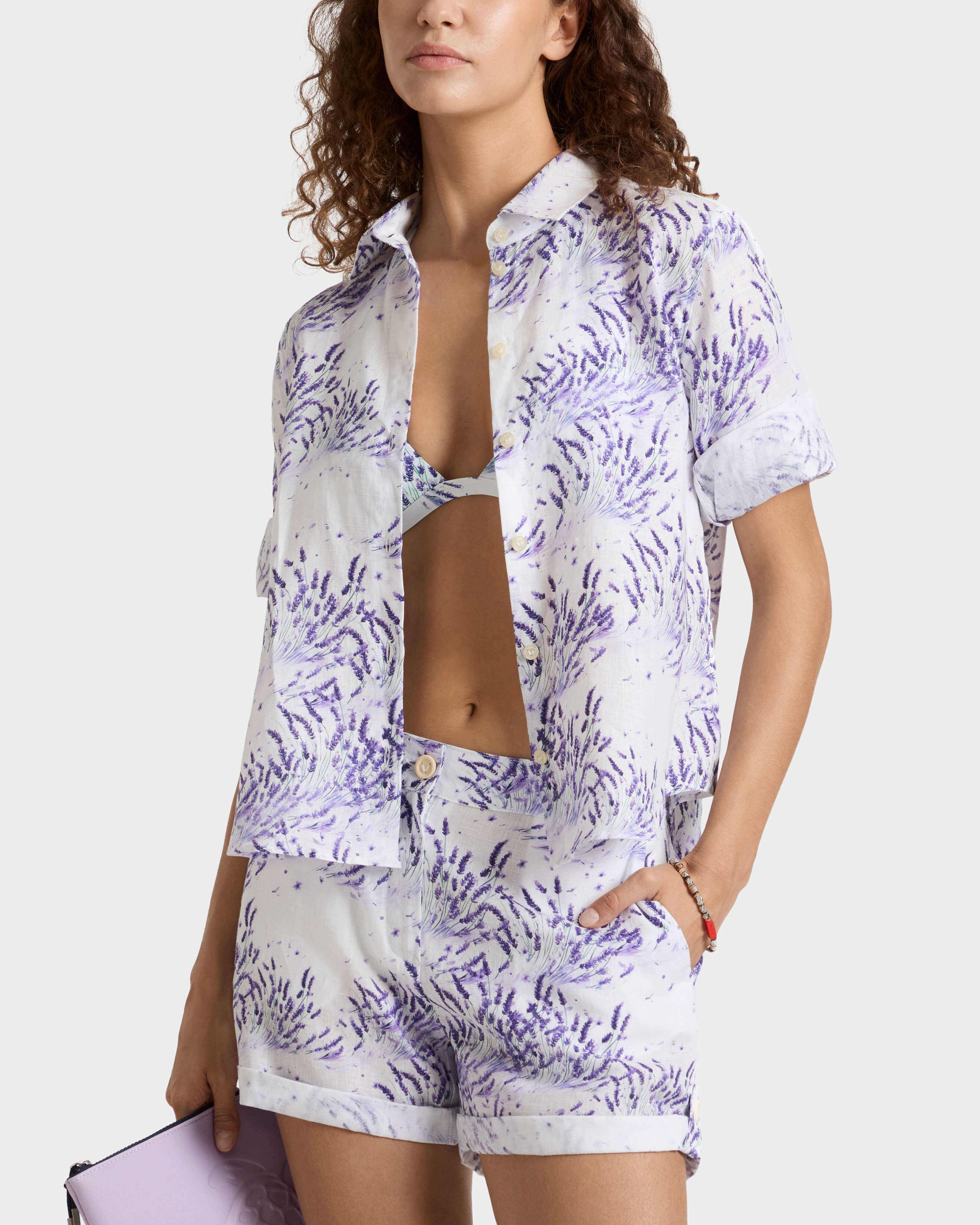 Women Linen Shirt Lavender - IN STOCK May 12th WHITE frontworn view