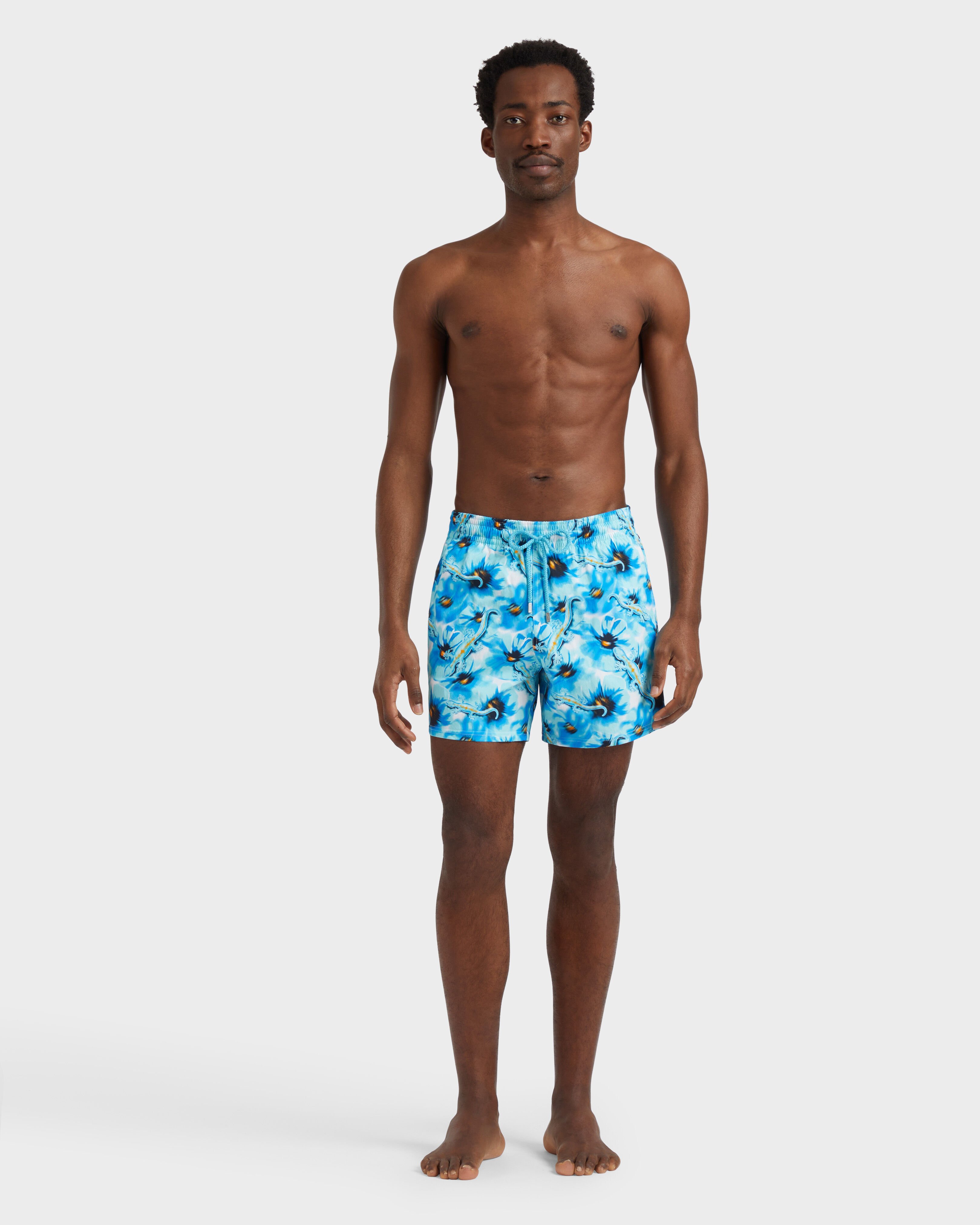 Men Stretch Short Swim Shorts Poopies and Geckos BLUE TOPAZ frontworn view